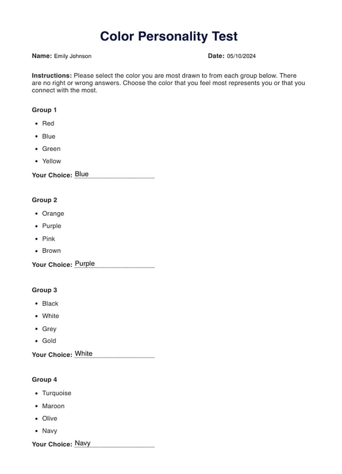 Color Personality Test U0026 Example Free PDF Download