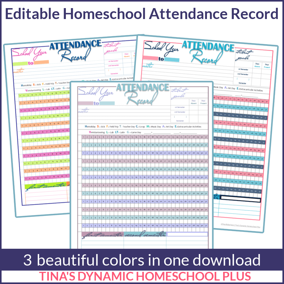 Colorful And Editable Homeschool Attendance Form multiple Colors 