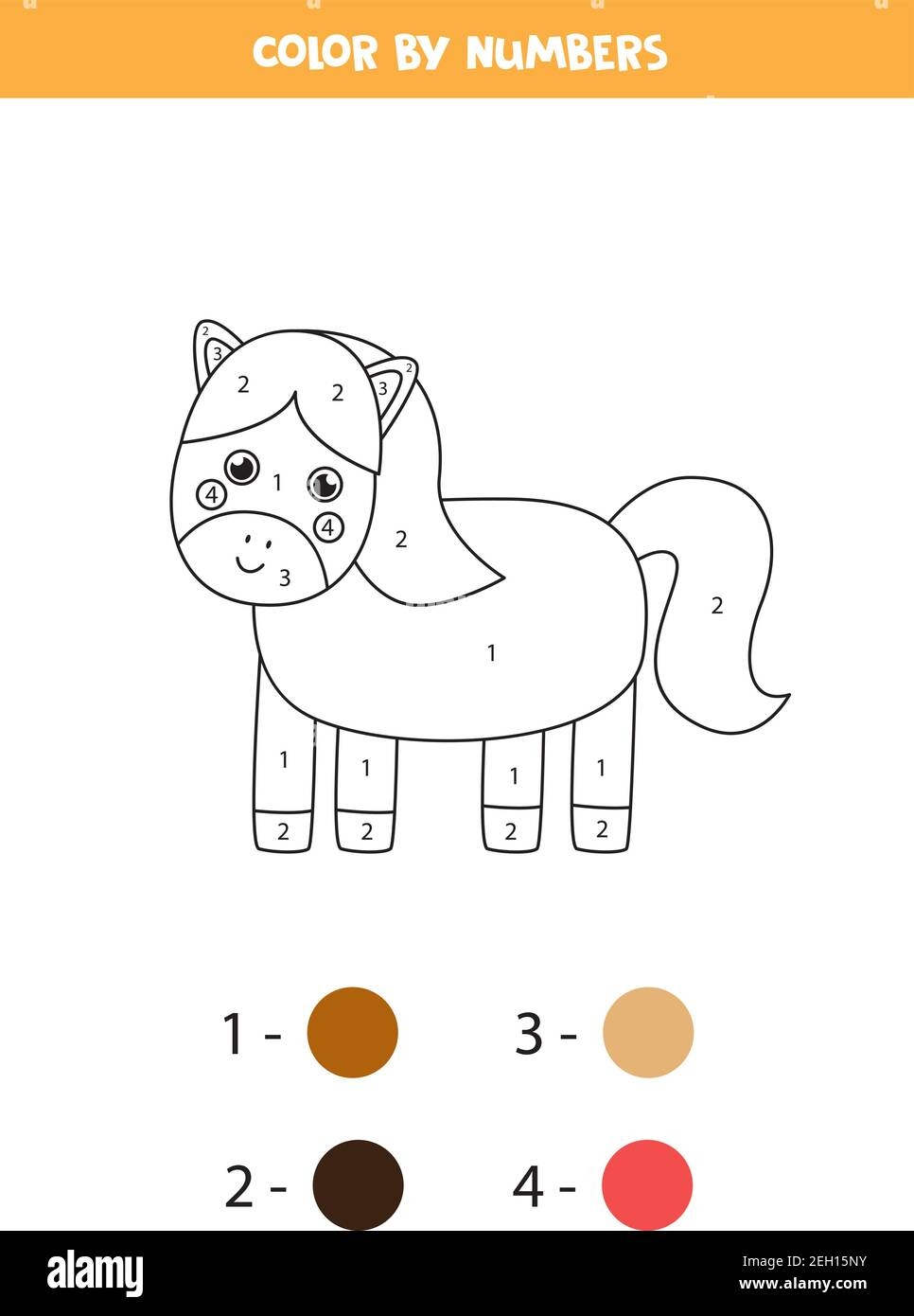 Coloring Page With Cute Cartoon Horse Color By Numbers Math Game 
