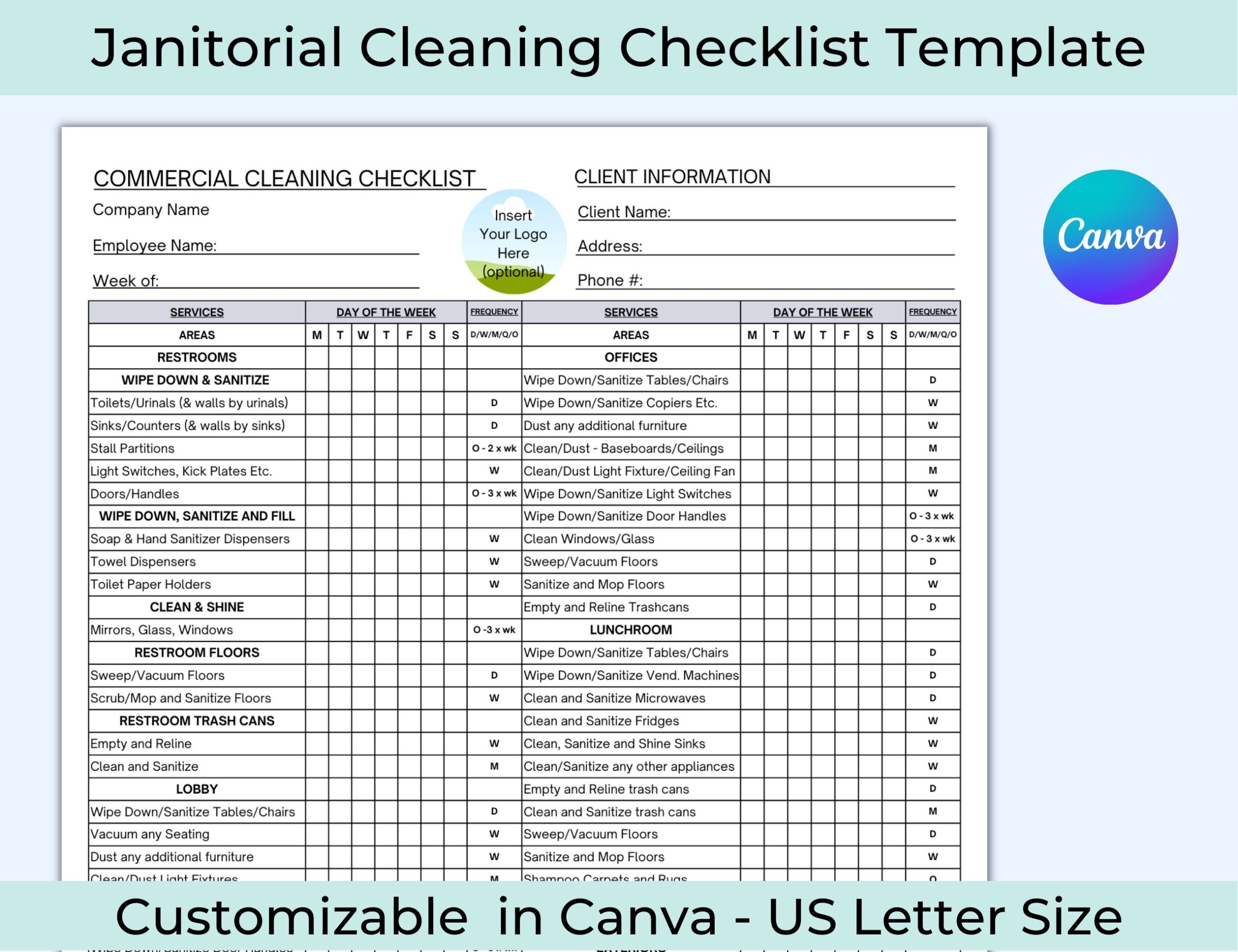 Commercial Cleaning Checklist Template Janitorial Schedule canva Etsy