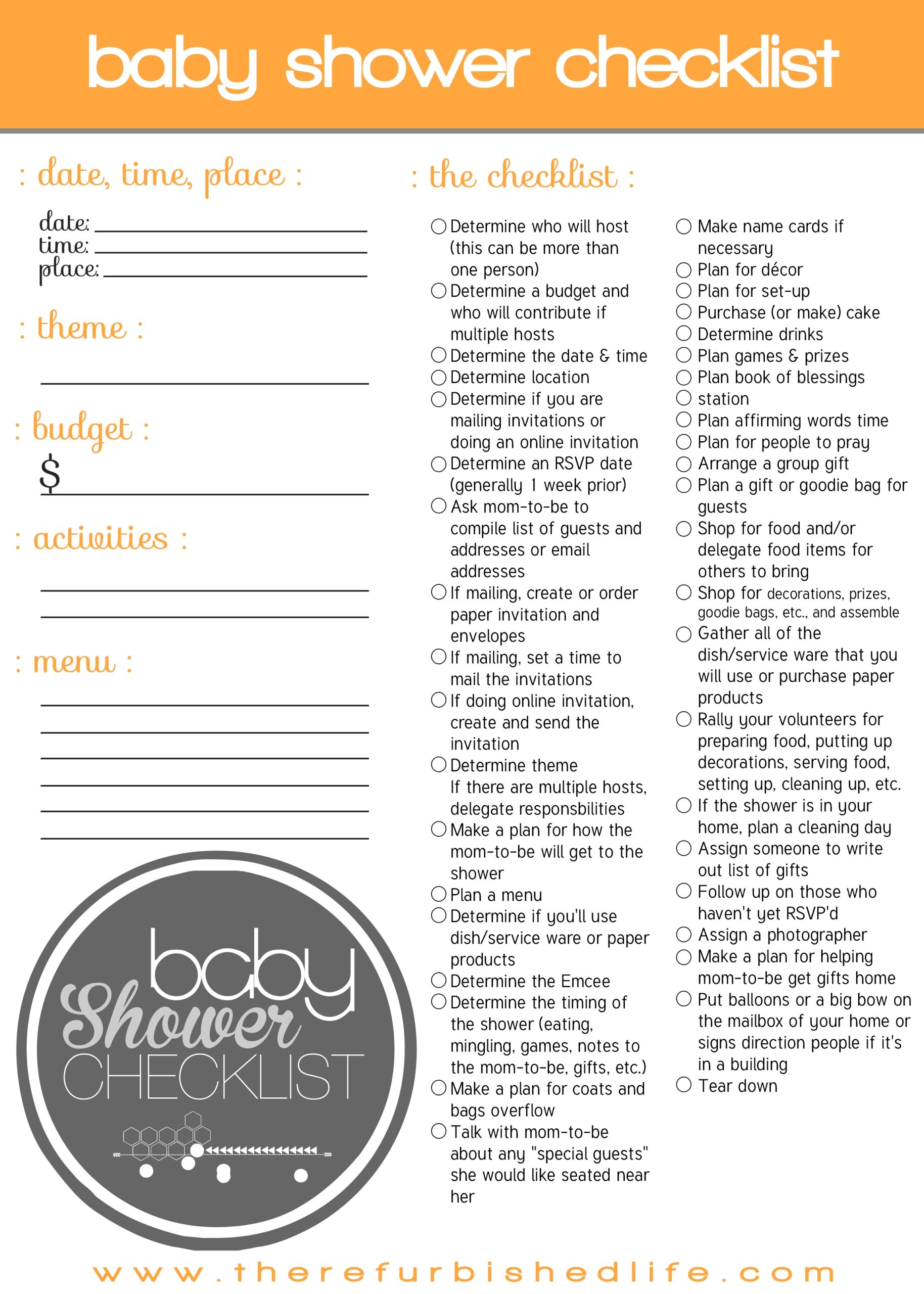 Complete Baby Shower Checklist free Printable 
