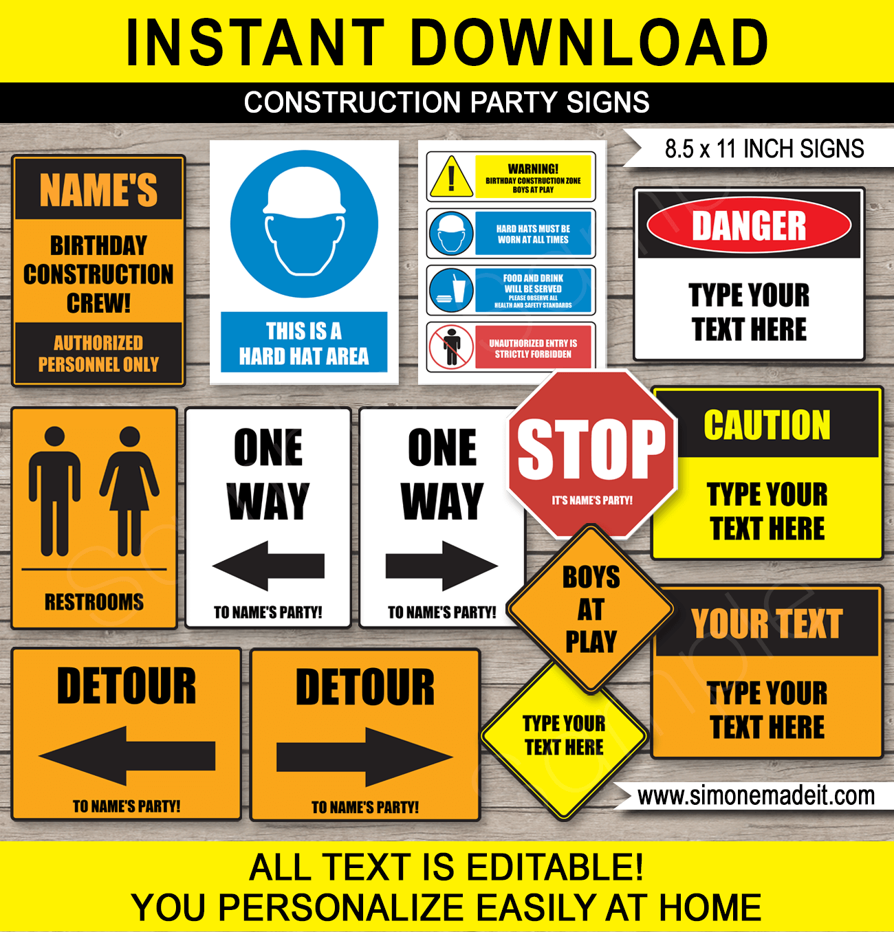 Construction Party Signs 8 5x11 Inches A4 
