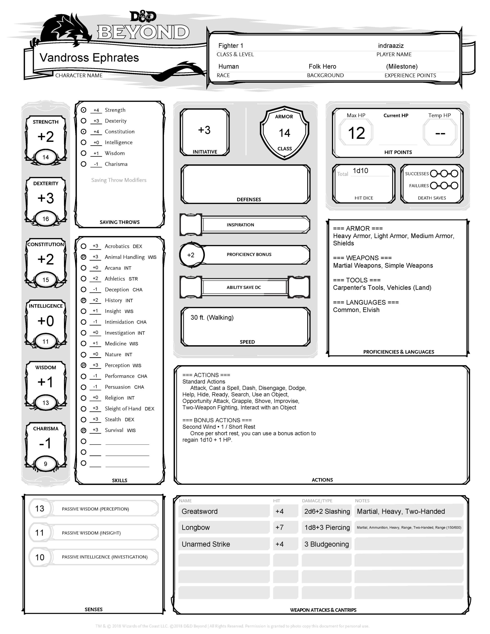 Contoh Pre Made Character Sheet Du0026D Human Fighter Dungeons U0026 Dragons Jakarta