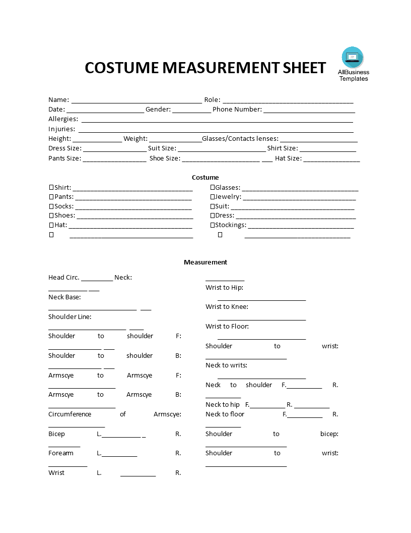 Costume Measurement Sheet Templates At Allbusinesstemplates