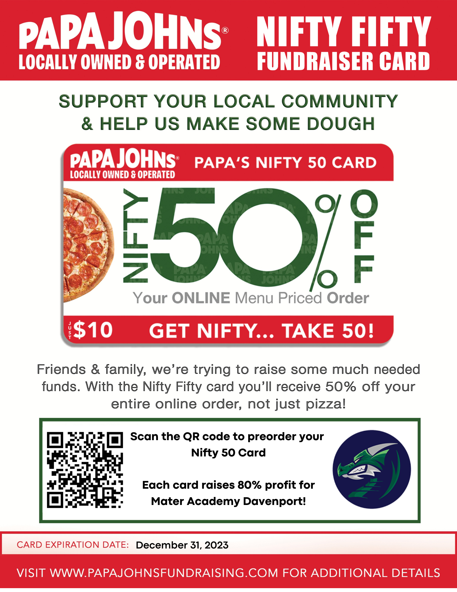 Coupon Card Information Papa Johns Nifty 50 Card Fundraiser Presale Mater Academy Davenport