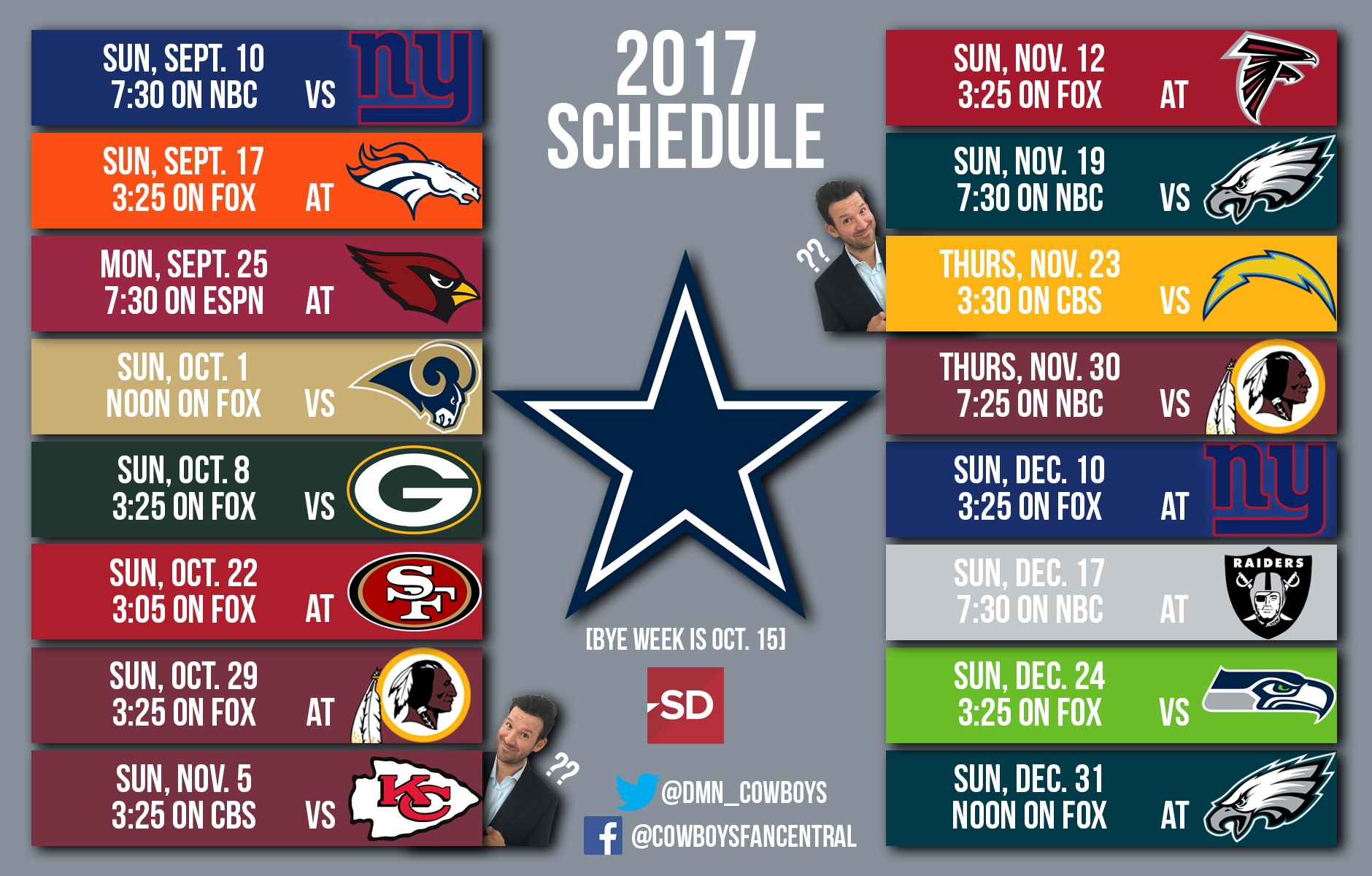 Cowboys Full 2017 Schedule Dallas Opens At Home Vs Giants On SNF Plays Five Primetime Games