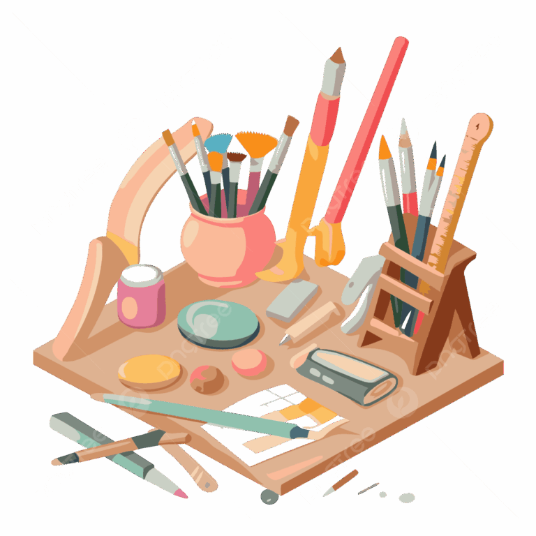 Craft Supplie Vector Sticker Clipart Number Of Art Tools And Supplies With A Table Cartoon Sticker Clipart PNG And Vector With Transparent Background For Free Download