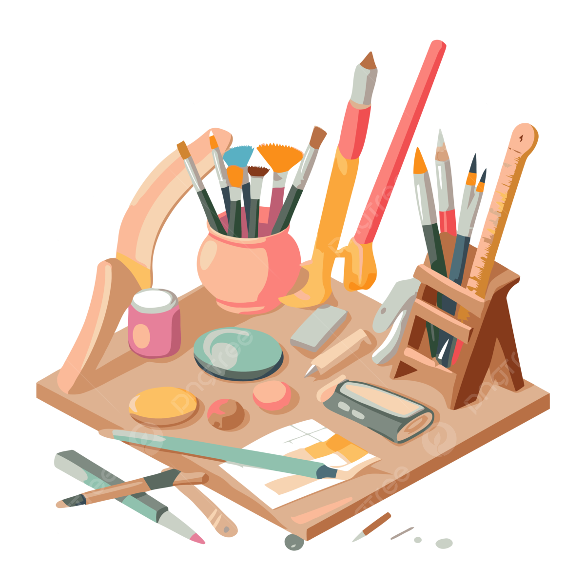 Craft Supplie Vector Sticker Clipart Number Of Art Tools And Supplies With A Table Cartoon Sticker Clipart PNG And Vector With Transparent Background For Free Download