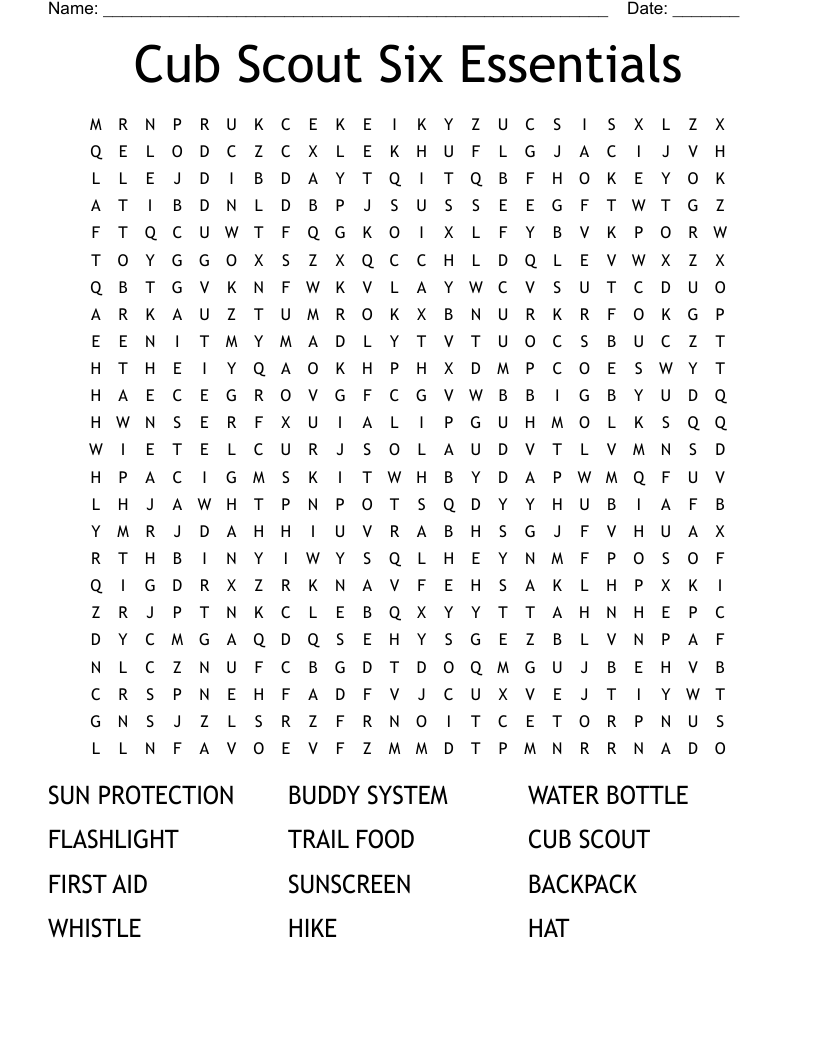 Cub Scout Six Essentials Word Search WordMint