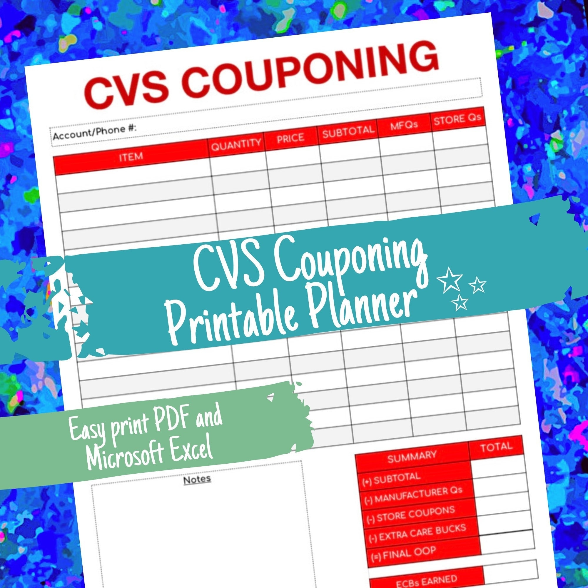 CVS Couponing Printable Coupon Shopping Checkout Tracker Couponer Binder Log Sheet PDF Excel