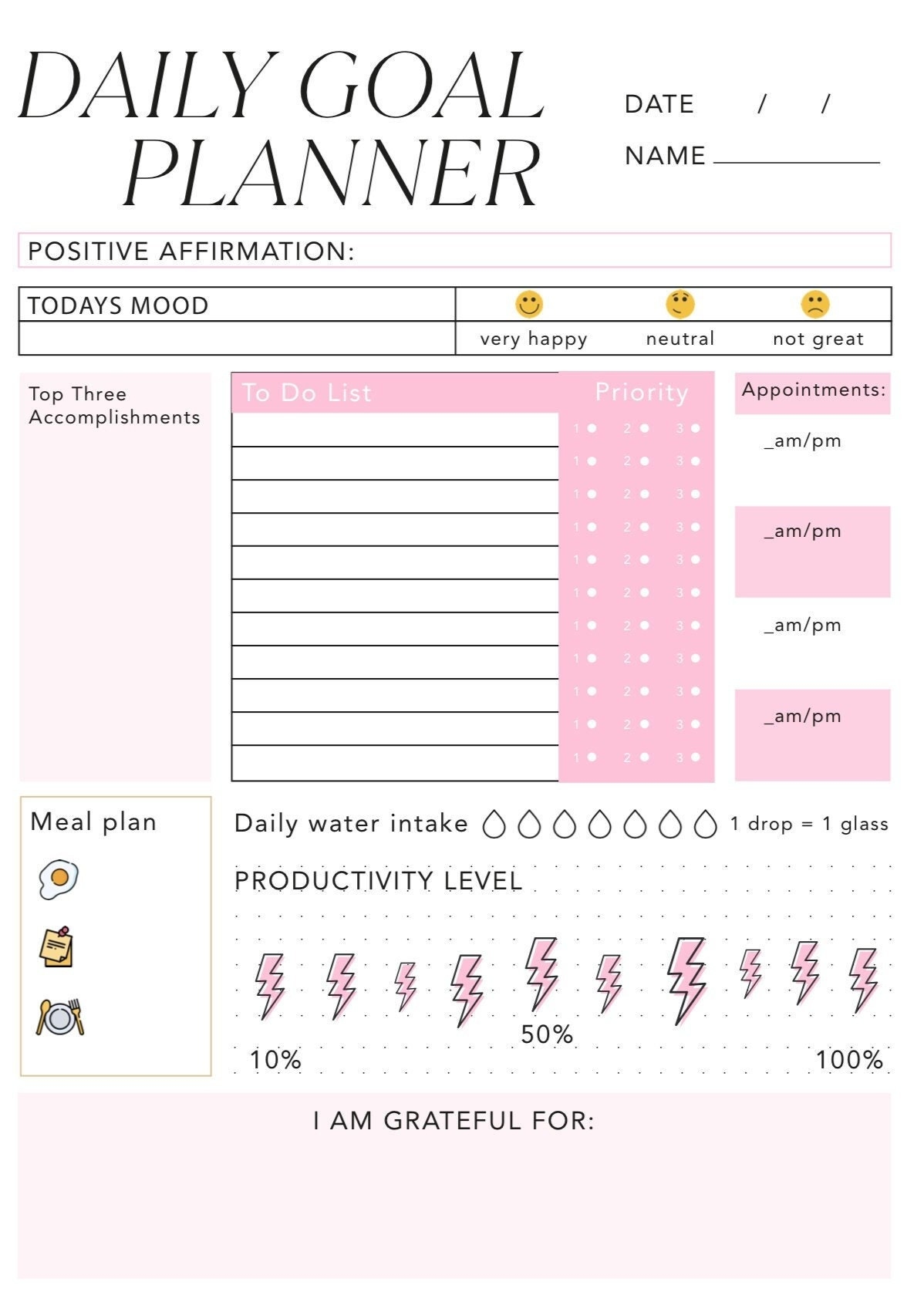 Daily Goal Planner Printable Goal Setting Goal Tracker To Do Planner Productivity Planner Compatible With Goodnotes Etc Etsy