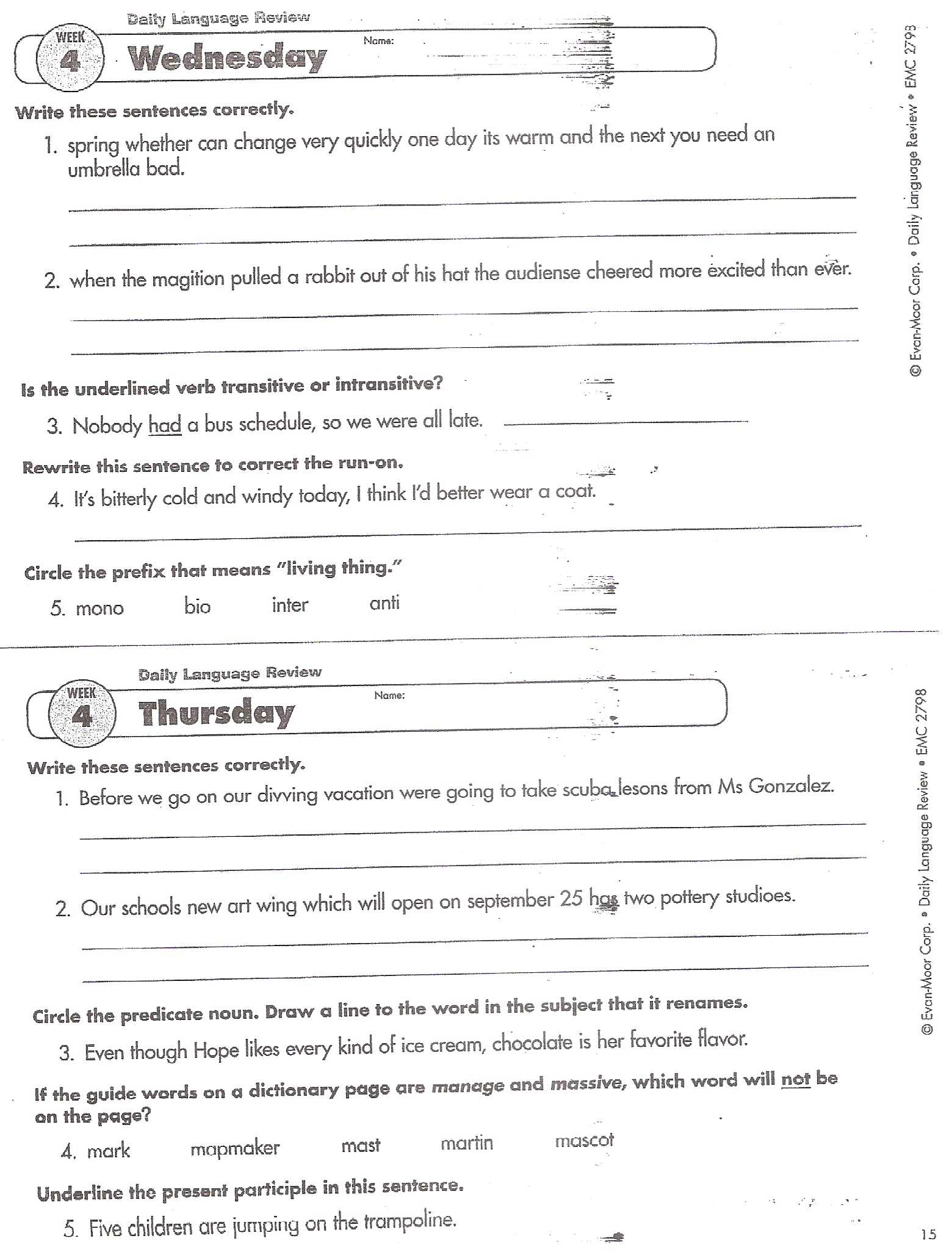 Daily Oral Language Weeks 1 10 Daily Oral Language Language Worksheets Library