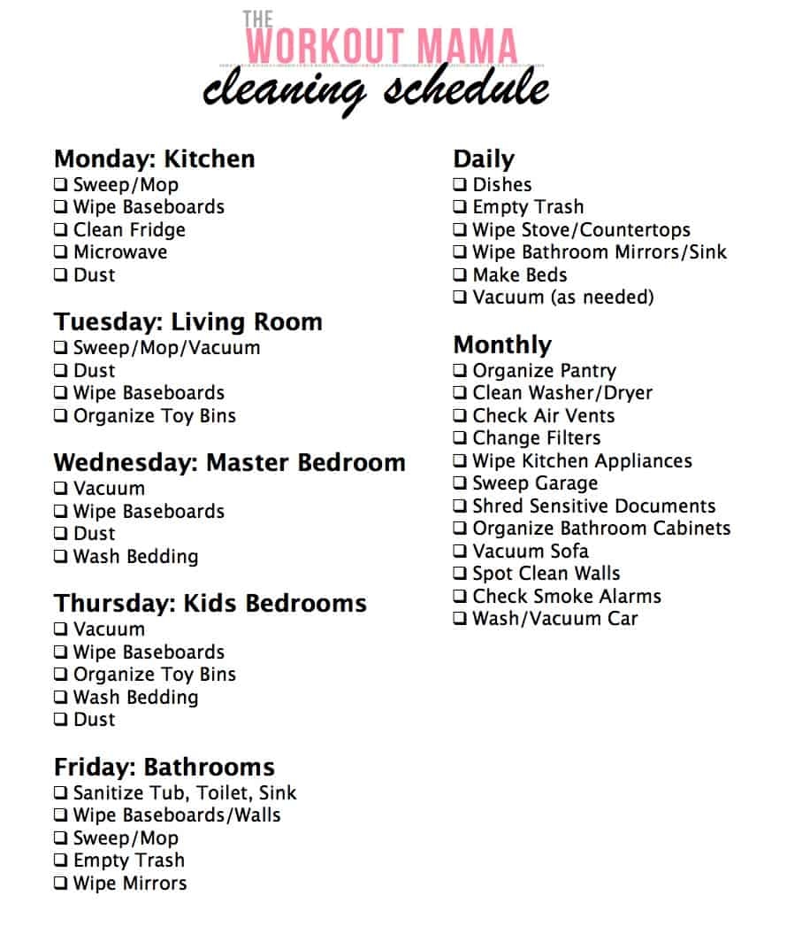 Daily Weekly U0026 Monthly Cleaning Schedule The Workout Mama
