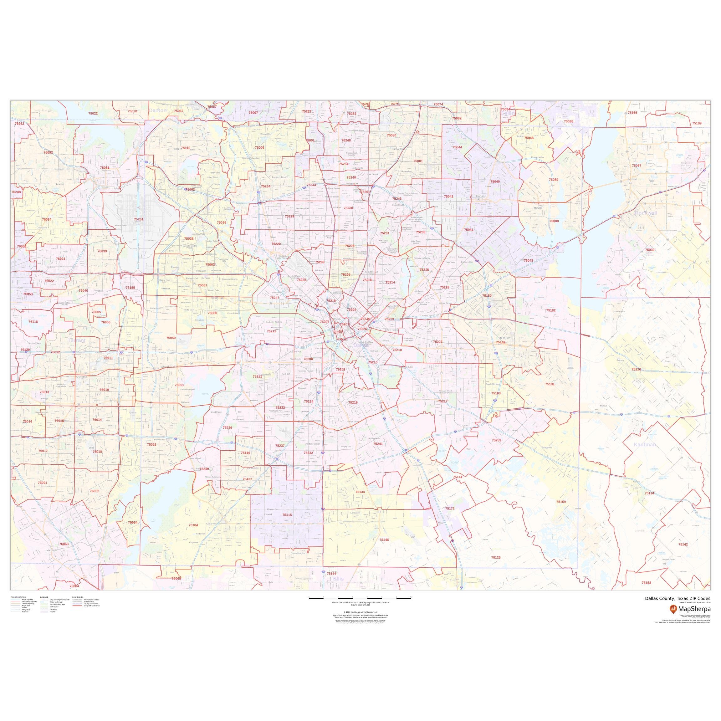 Dallas County Texas Zip Codes By Map Sherpa The Map Shop