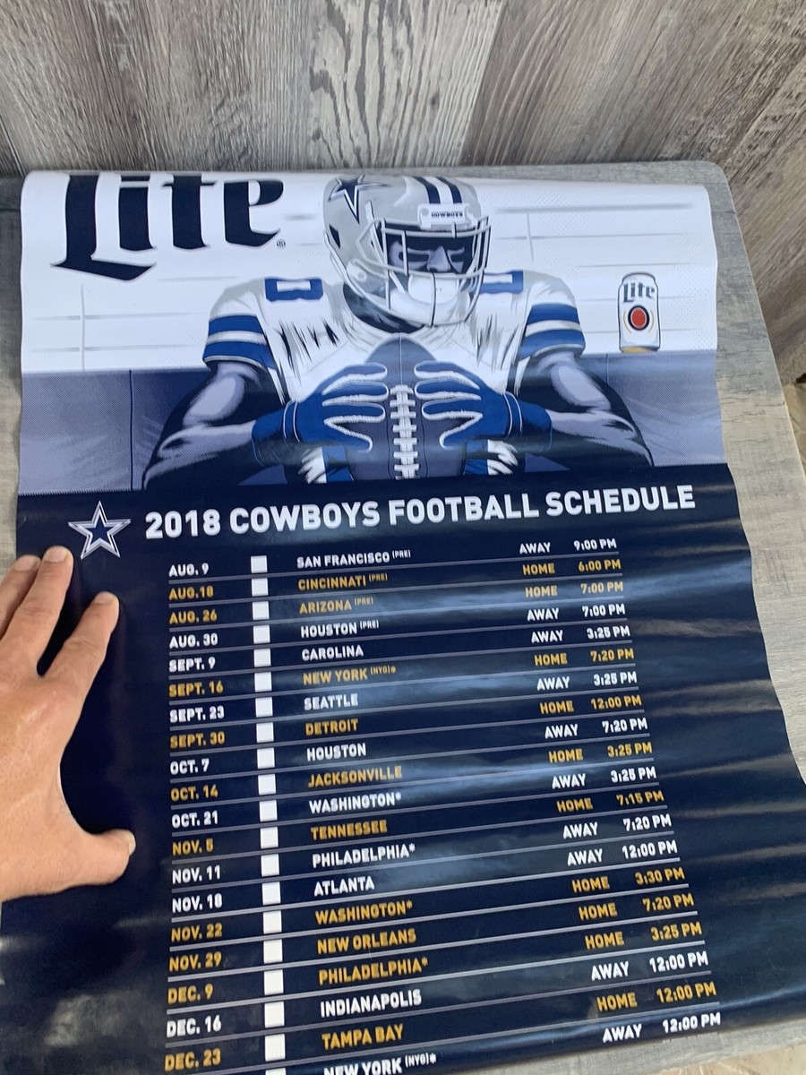 DALLAS COWBOYS NFL 2018 SCHEDULE POSTER MILLER LITE BEER NFL 24x18 Inches
