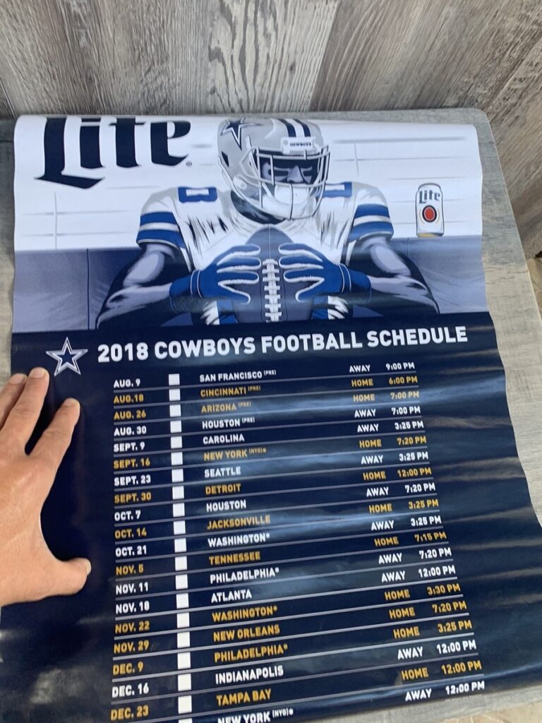 DALLAS COWBOYS NFL 2018 SCHEDULE POSTER MILLER LITE BEER NFL 24x18 Inches