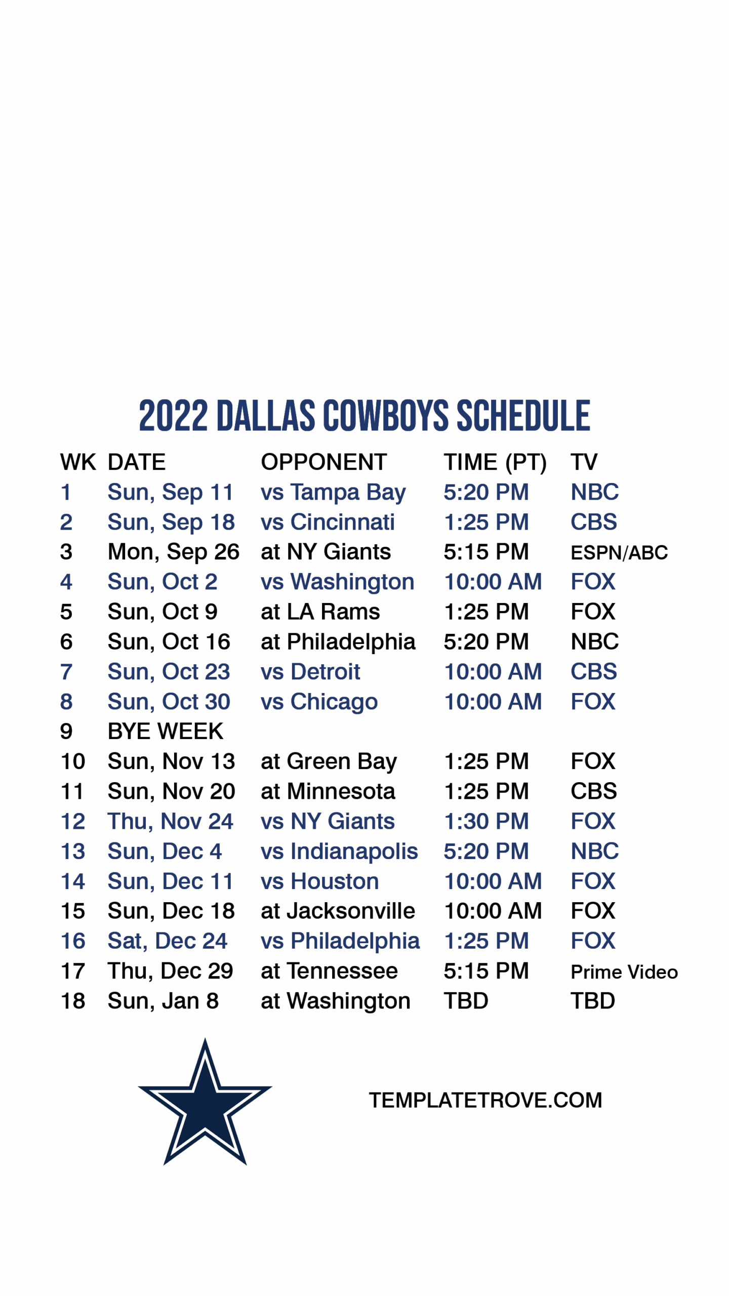 dallas cowboys schedule 2018 printable