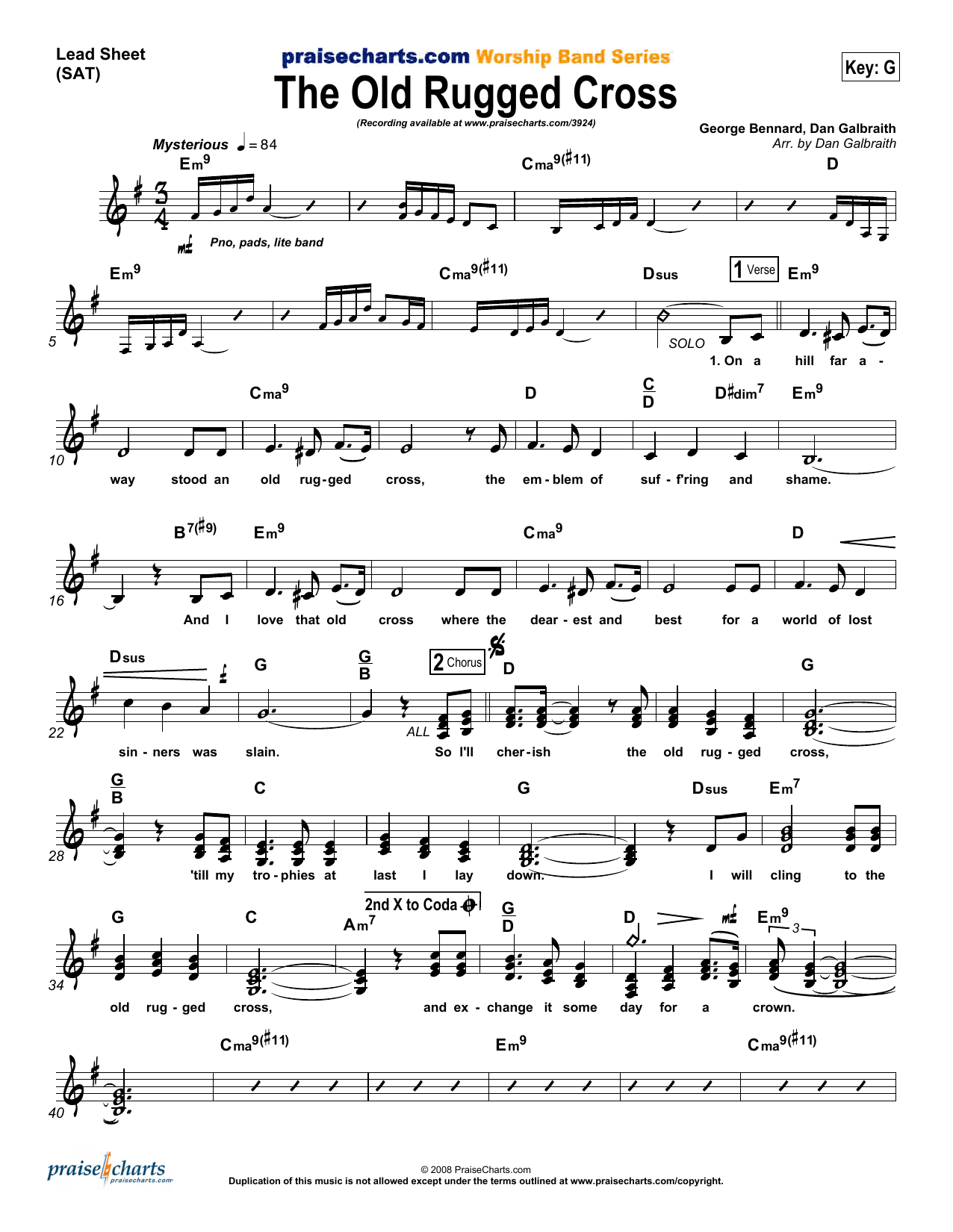Dan Galbraith The Old Rugged Cross Sheet Music Notes Chords Download Printable Lead Sheet Fake Book PDF Score SKU 344445