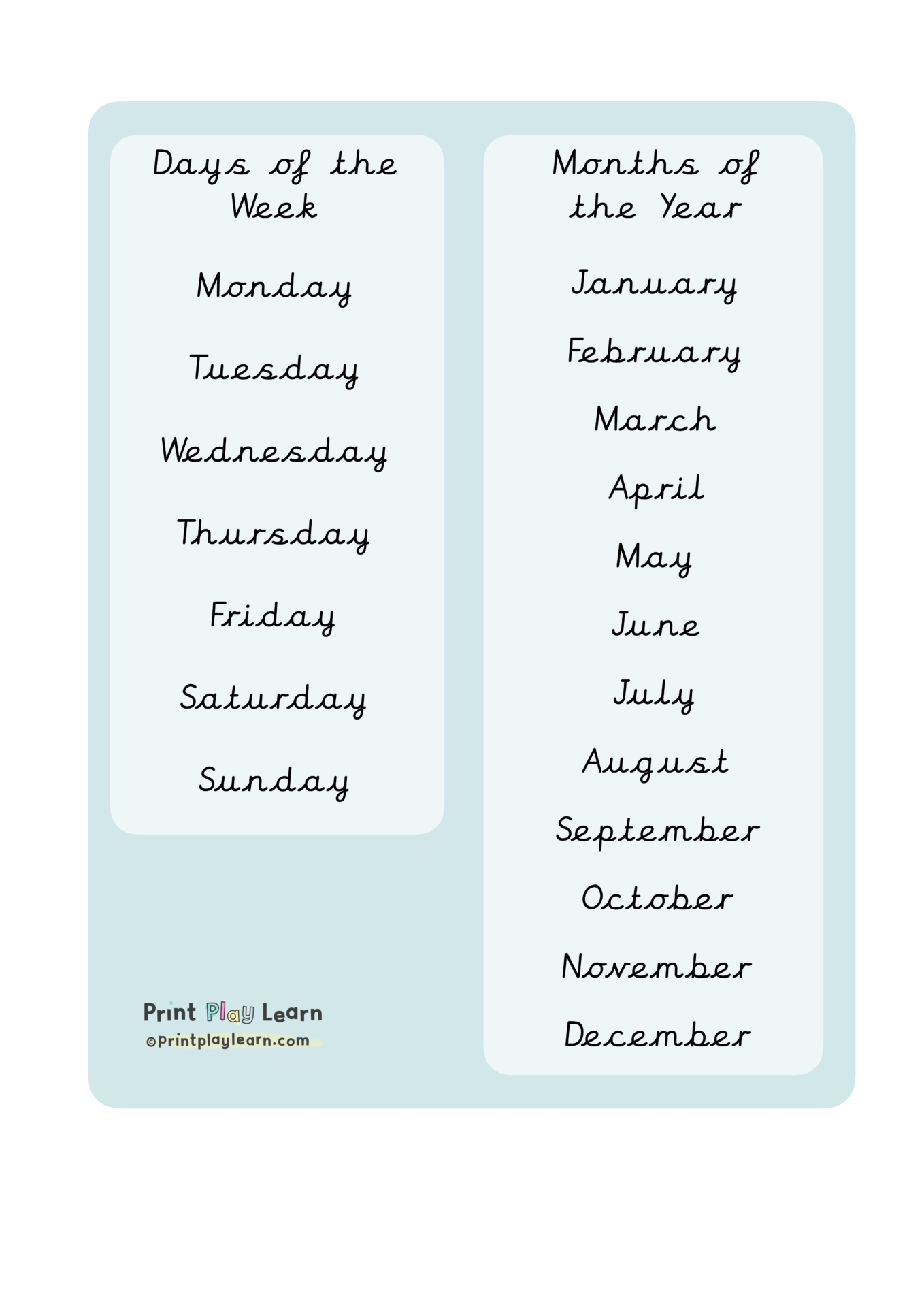 Days Of The Week And Months Of The Years Prompt Printable 