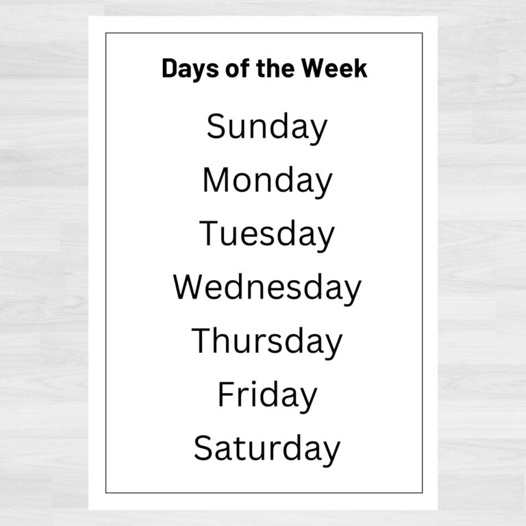 Days Of The Week Printable Chart Days Of The Week Poster 