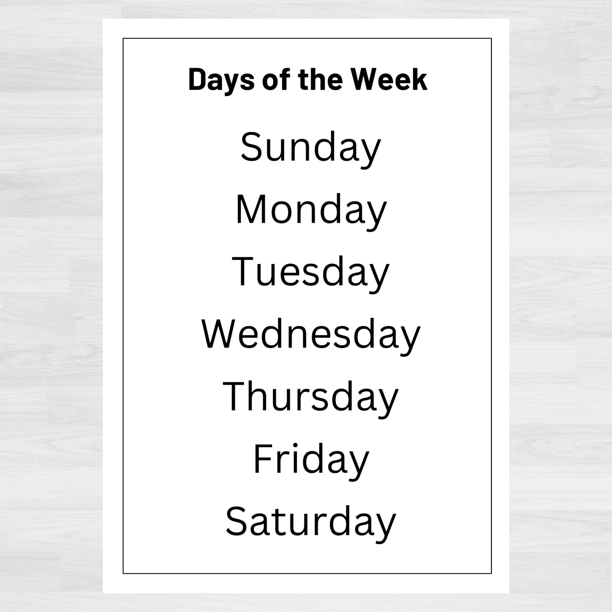 Days Of The Week Printable Chart Days Of The Week Poster 