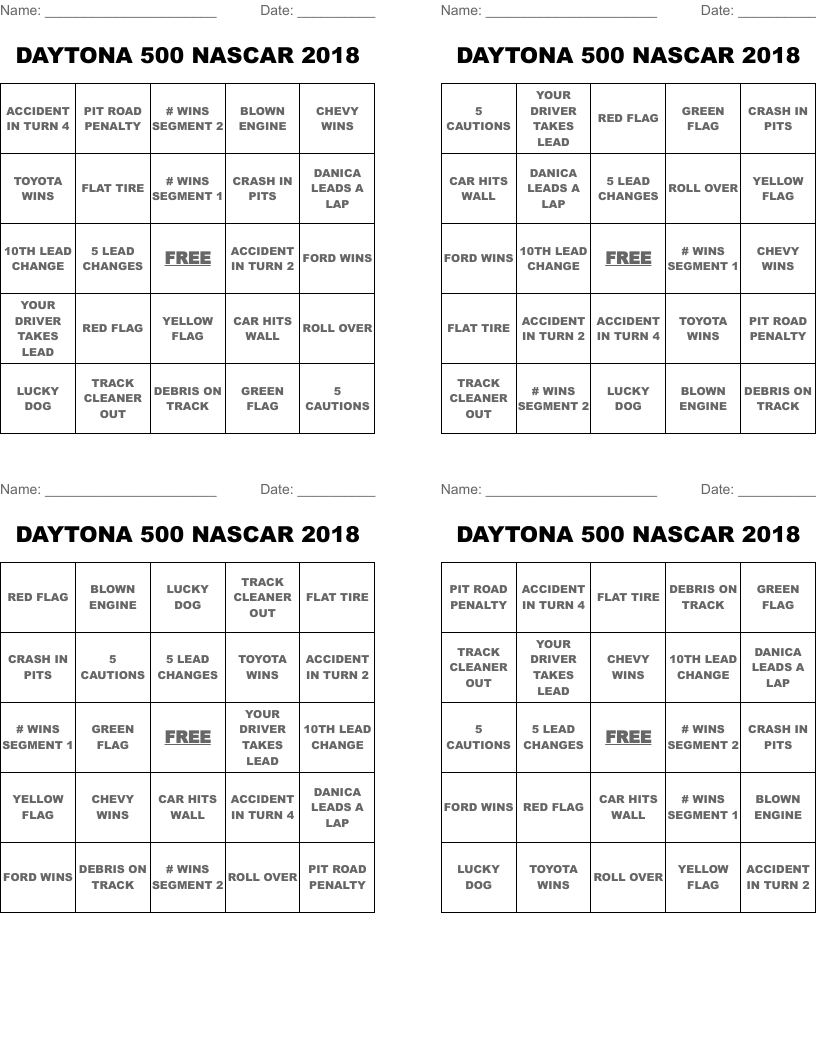 DAYTONA 500 NASCAR 2018 Bingo Cards WordMint