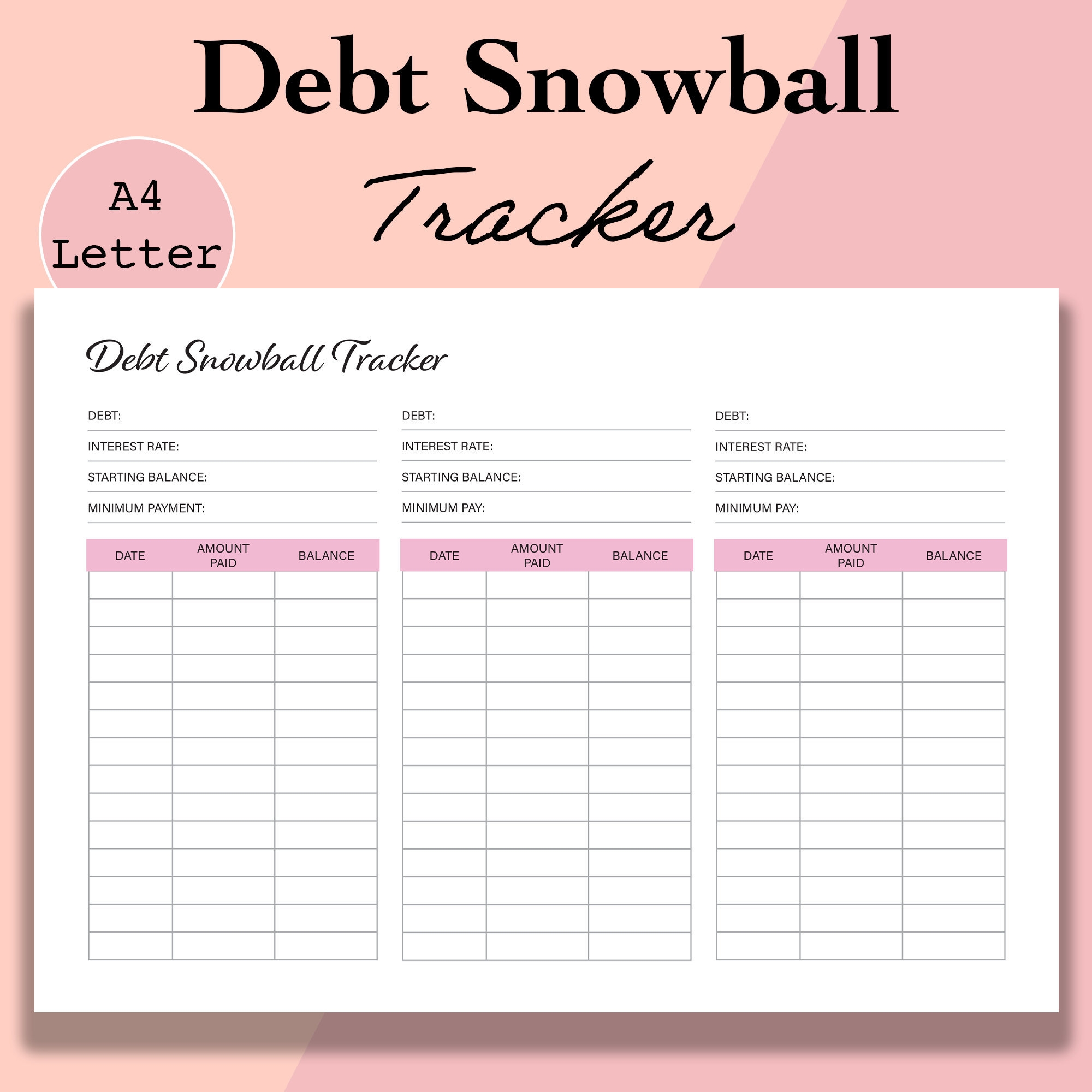 Debt Snowball Tracker Printable A4 Letter digital Download Etsy