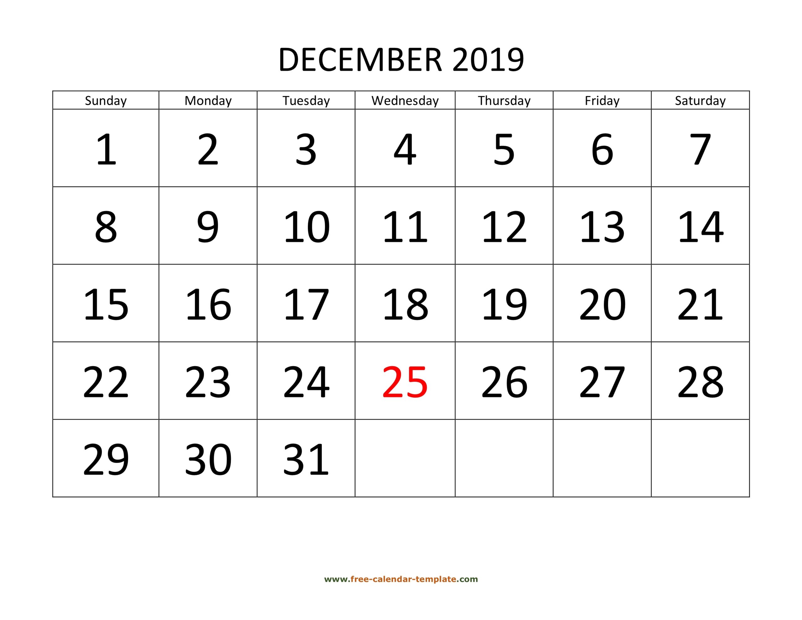 December 2019 Calendar Designed With Large Font horizontal Free calendar template