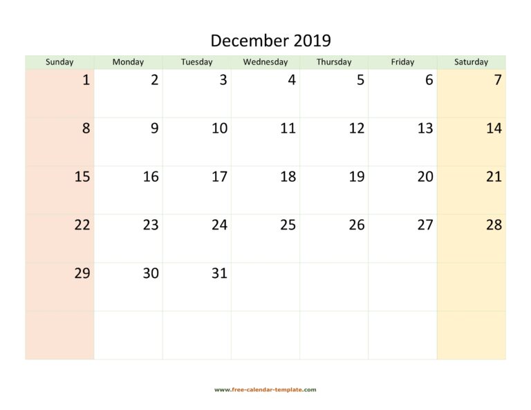 December 2019 Calendar Printable With Coloring On Weekend 