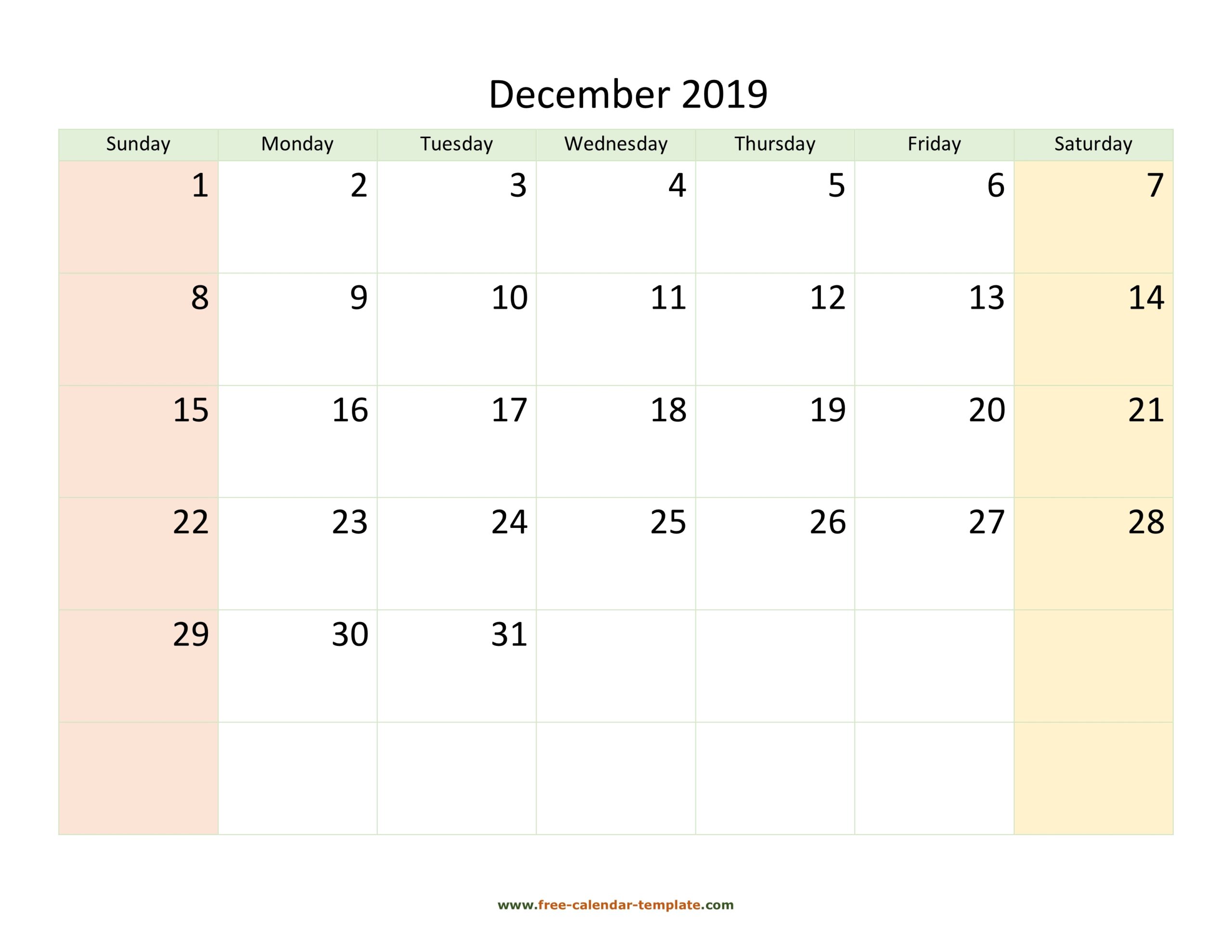 December 2019 Calendar Printable With Coloring On Weekend 