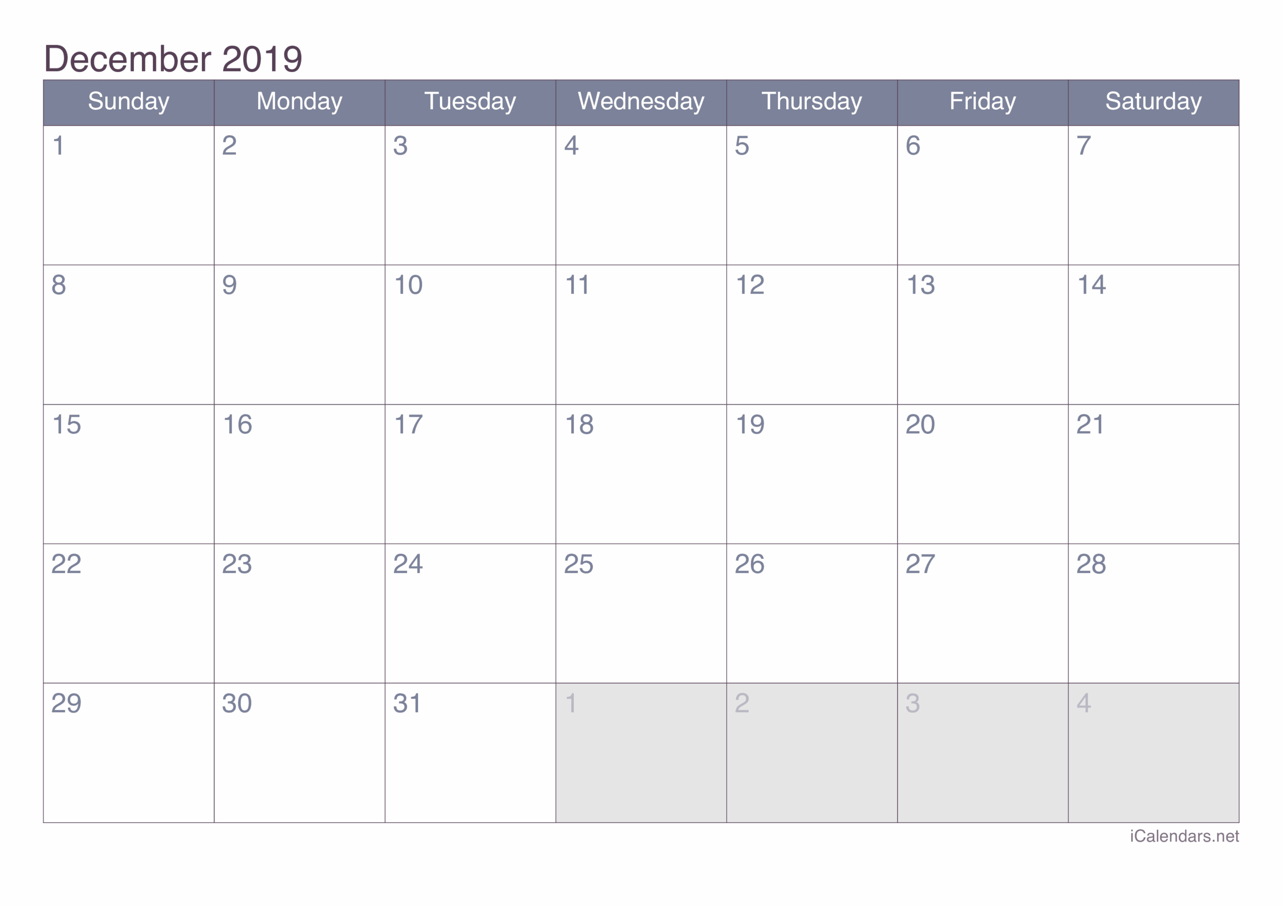 December 2019 Printable Calendar