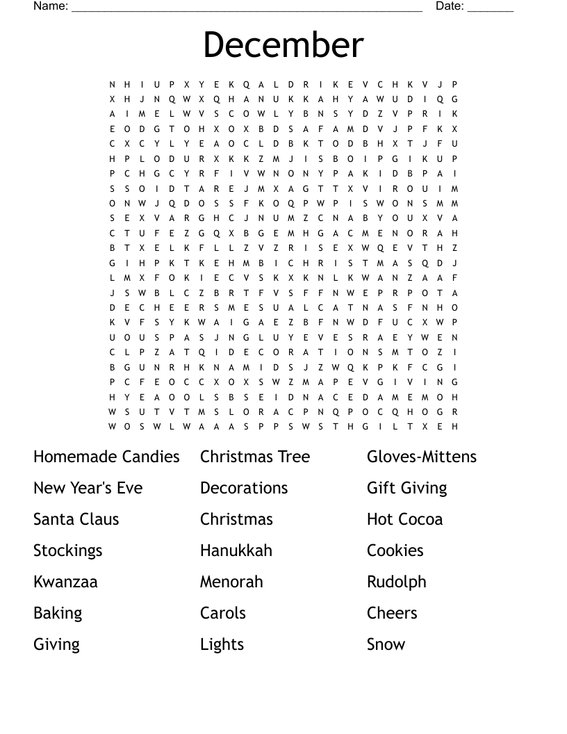 December Word Search WordMint