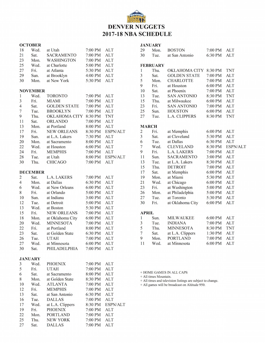 Denver Nuggets Release 2017 18 Season Schedule Mile High Sports
