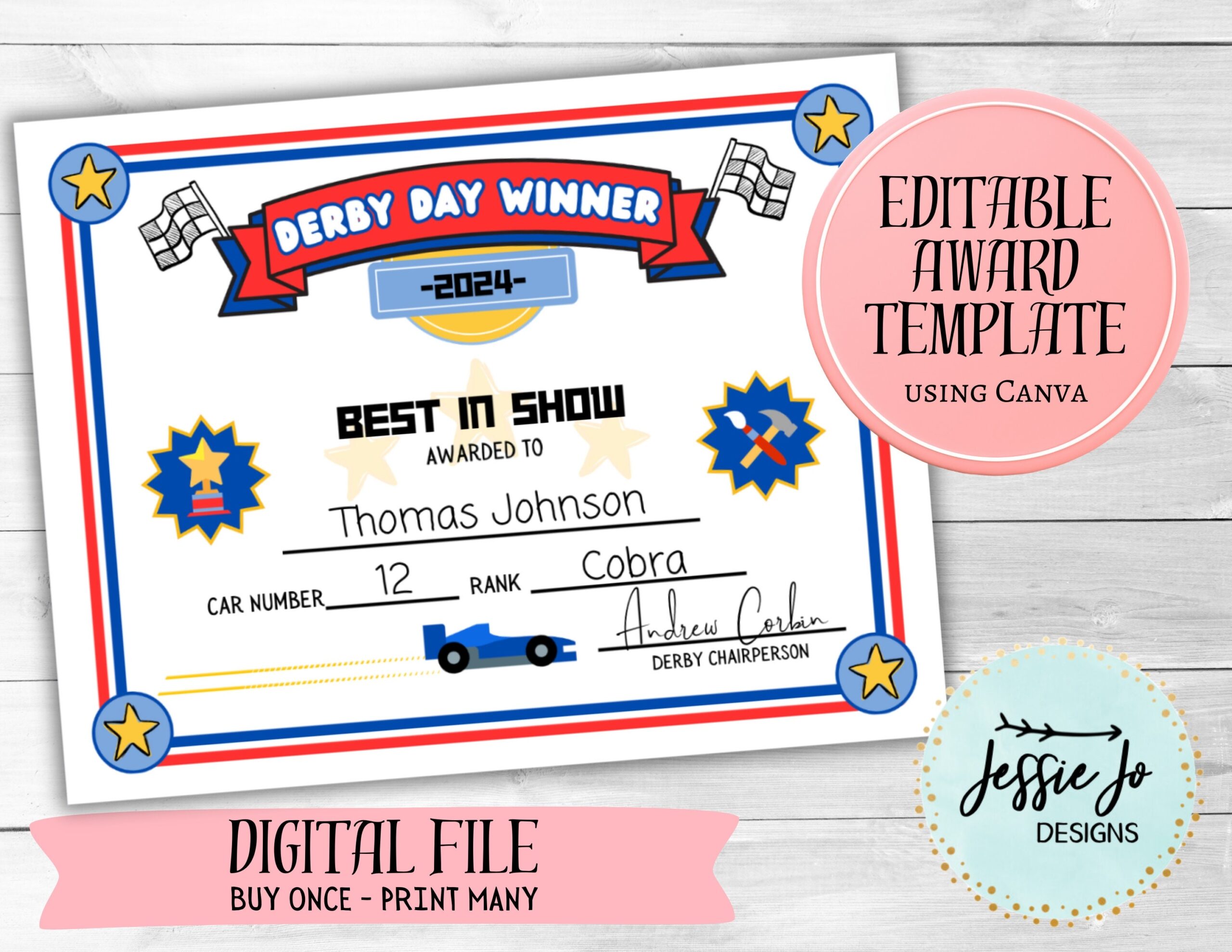 Derby Day Winner Car Race Certificate Editable Award Template Canva Template Etsy