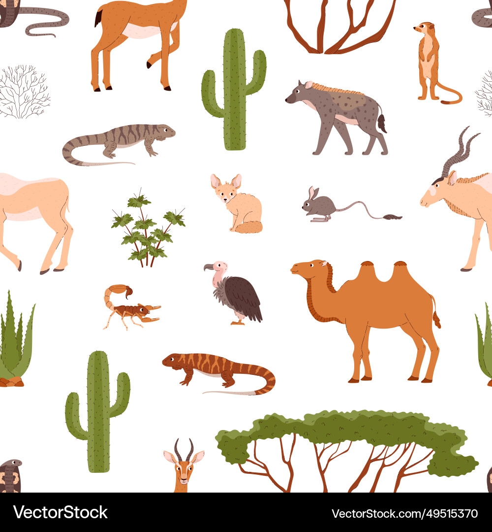 Desert Animals And Plants Seamless Pattern Vector Image