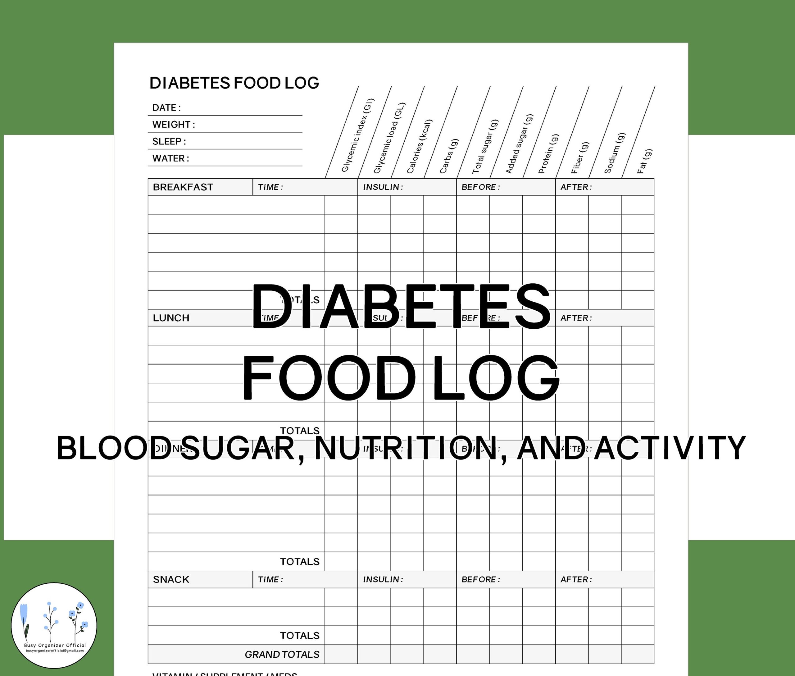 Diabetes Food Log Printable Blood Sugar Nutrition And Activity Daily Tracker PDF Printable Medical And Health Planner Digital Download