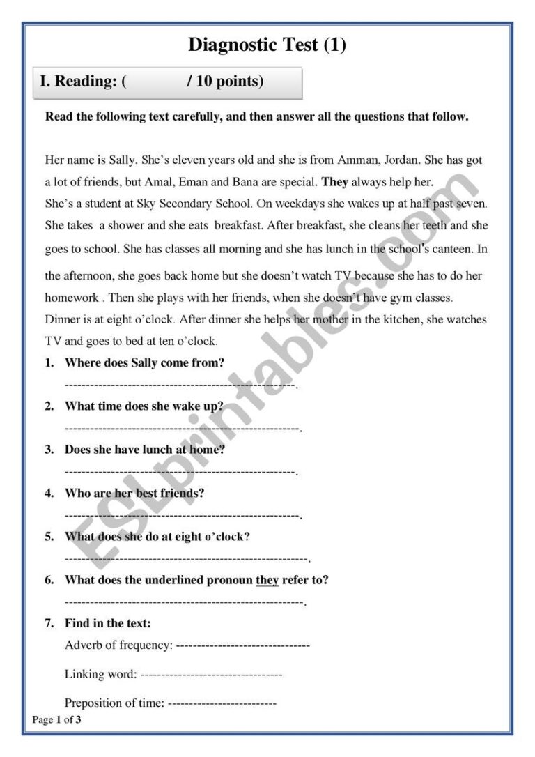 Diagnostic Test 1 ESL Worksheet By KHAWLA ALZIOD