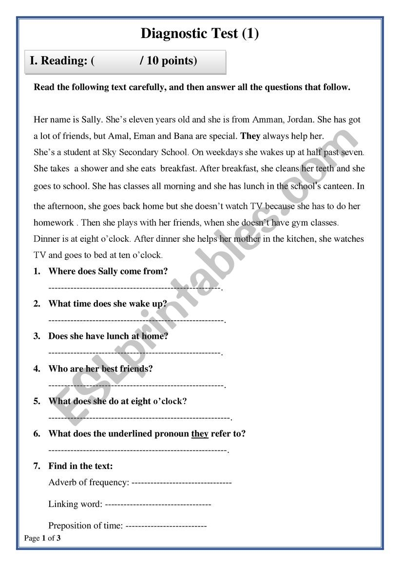 Diagnostic Test 1 ESL Worksheet By KHAWLA ALZIOD