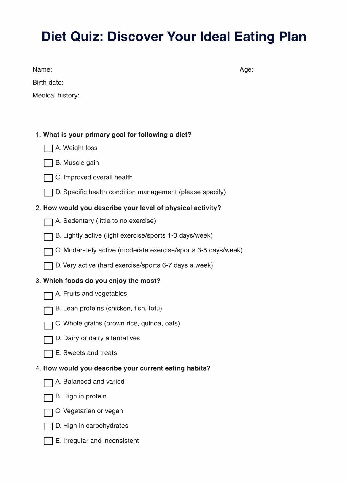 Diet Quiz U0026 Example Free PDF Download