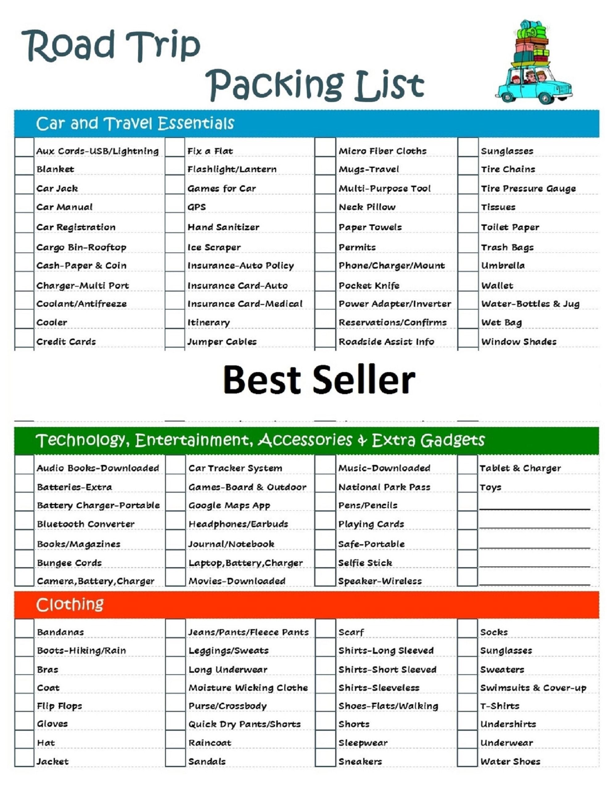Digital Download Printable Road Trip Planner Checklist Ultimate Packing List Never Forget Essential Supplies Entertainment Or Kid Items Etsy