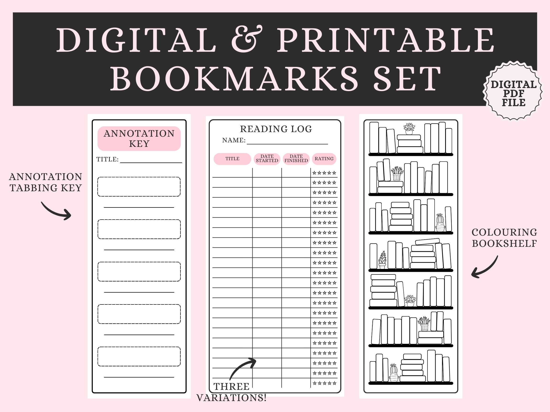 Digital Printable Bookmark Set Download Reading Log Diary Annotation Annotating Tabbing Tab Key Colouring Colour In Bookshelf Etsy