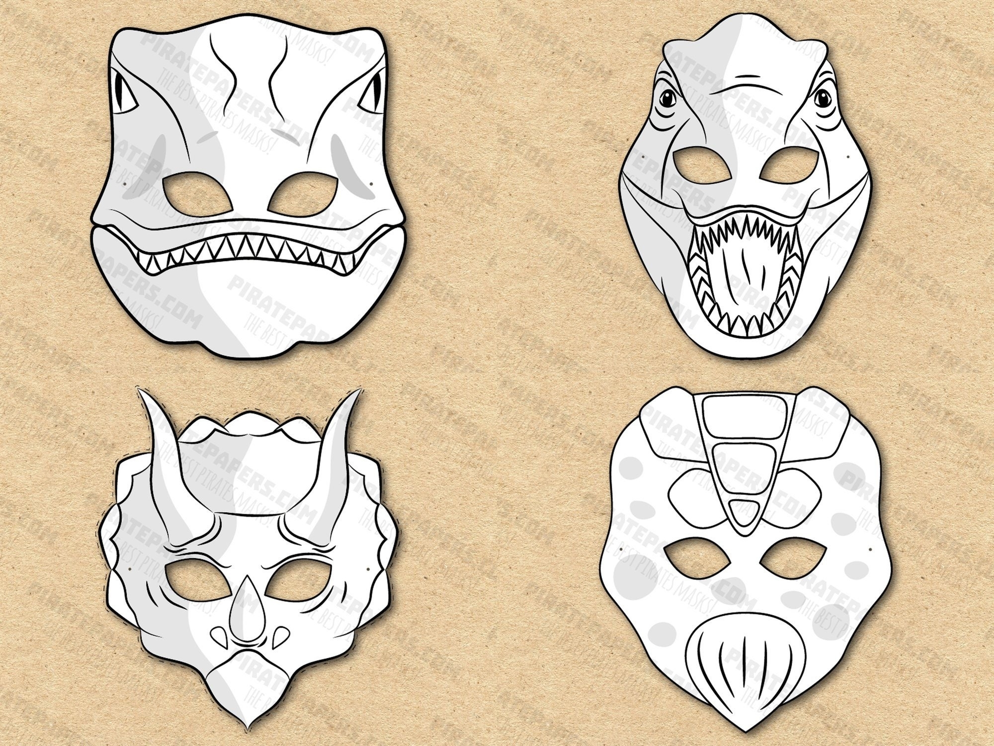 Dinosaurs Masks Printable Coloring Velociraptor T rex Triceratops Stegosaurus Paper DIY Kids Adults PDF Template Download Halloween Etsy