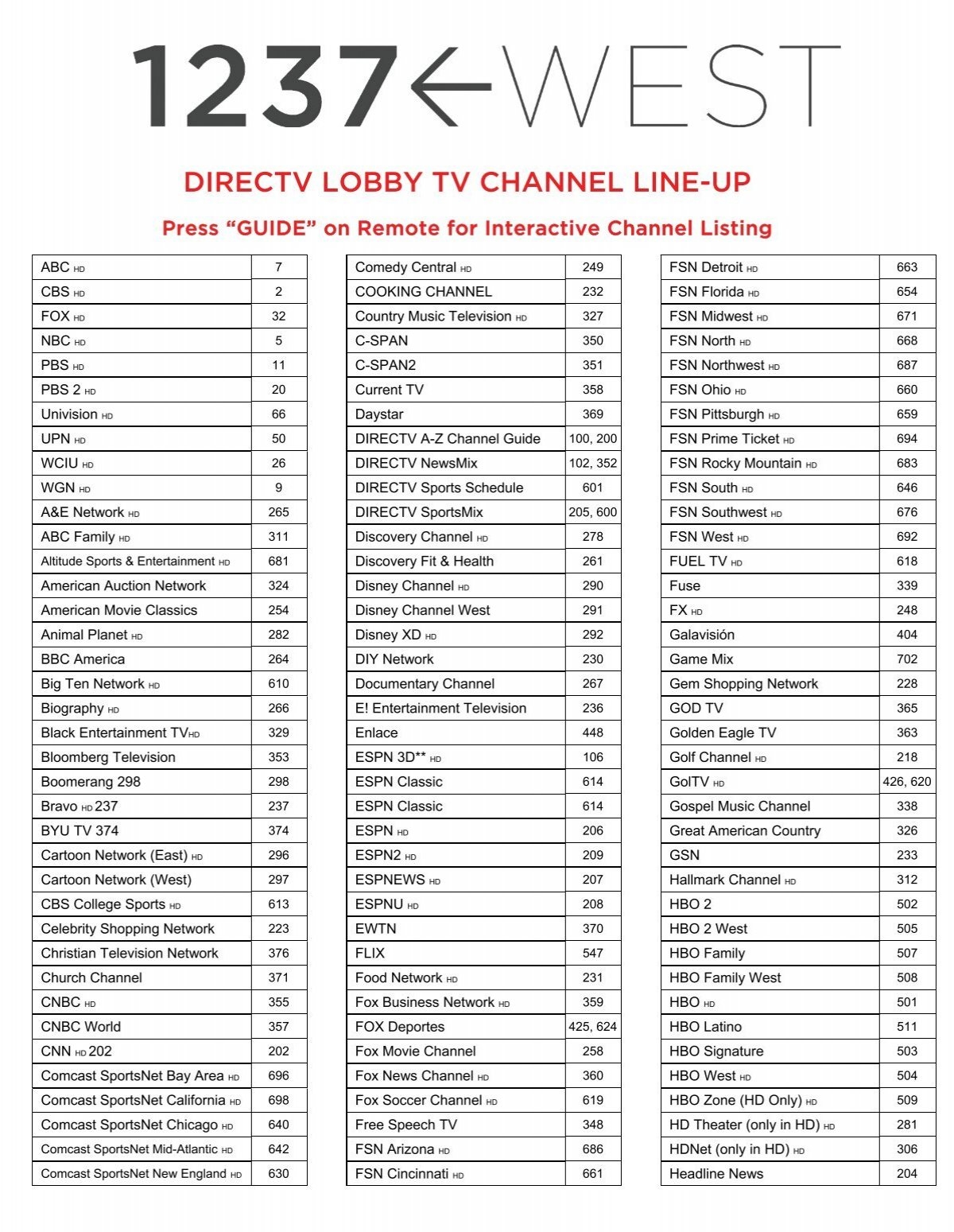 DIRECTV LOBBY TV CHANNEL LINE UP 1237 West