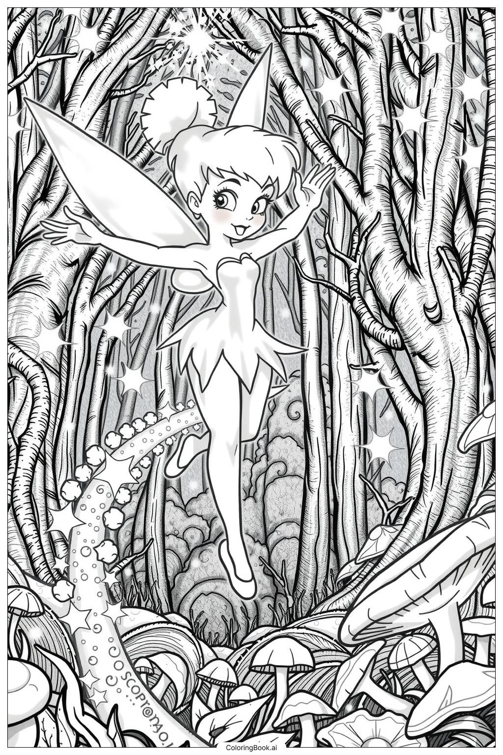 Disney Tinkerbell Flying Through A Magical Forest 2 Coloring Page Free PDFu0026PNG Printable 