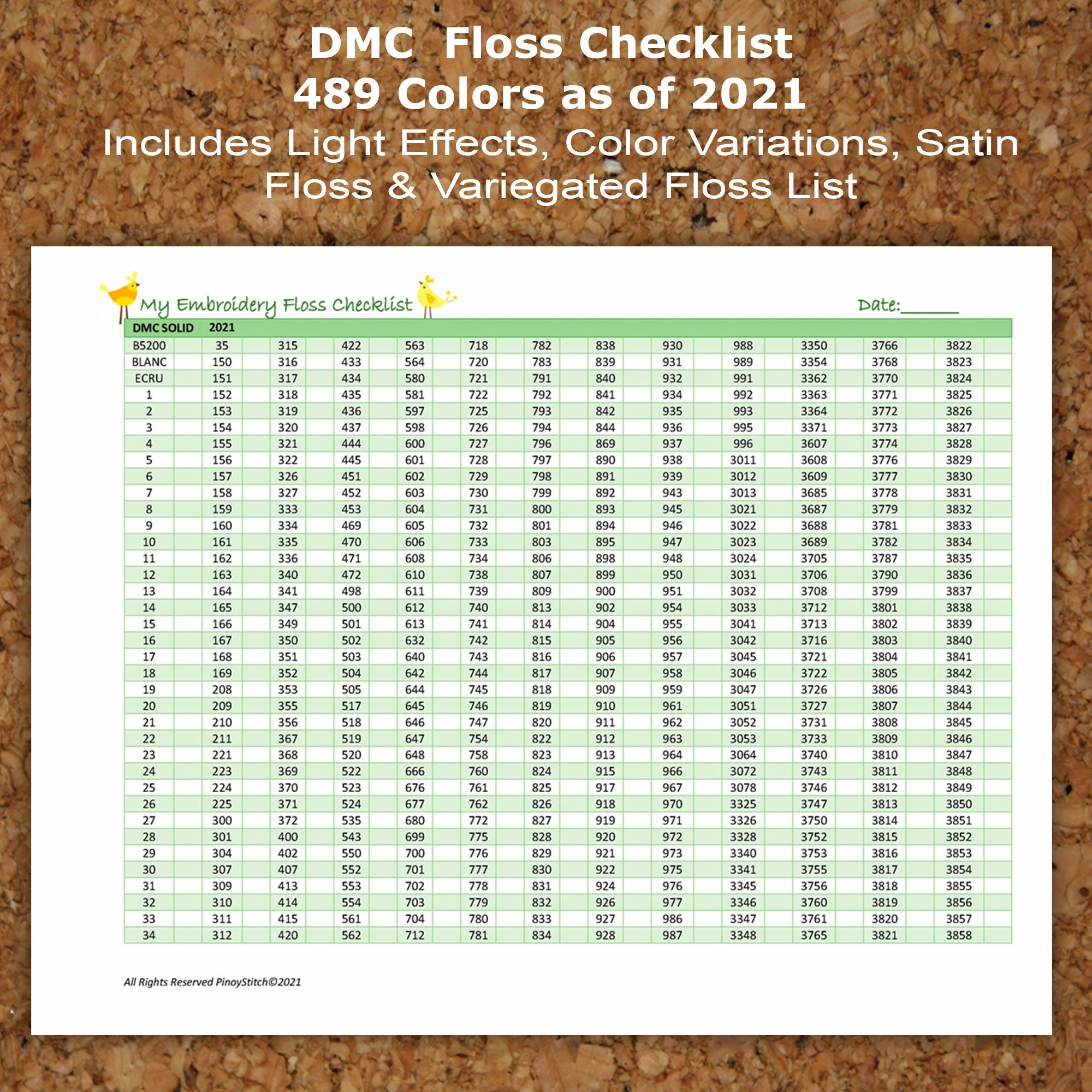 DMC Floss Checklist Form PDF Instant Download 2021 Solid Colors 489 Includes Light Effects Color Variations Satin Floss U0026 Variegated Etsy