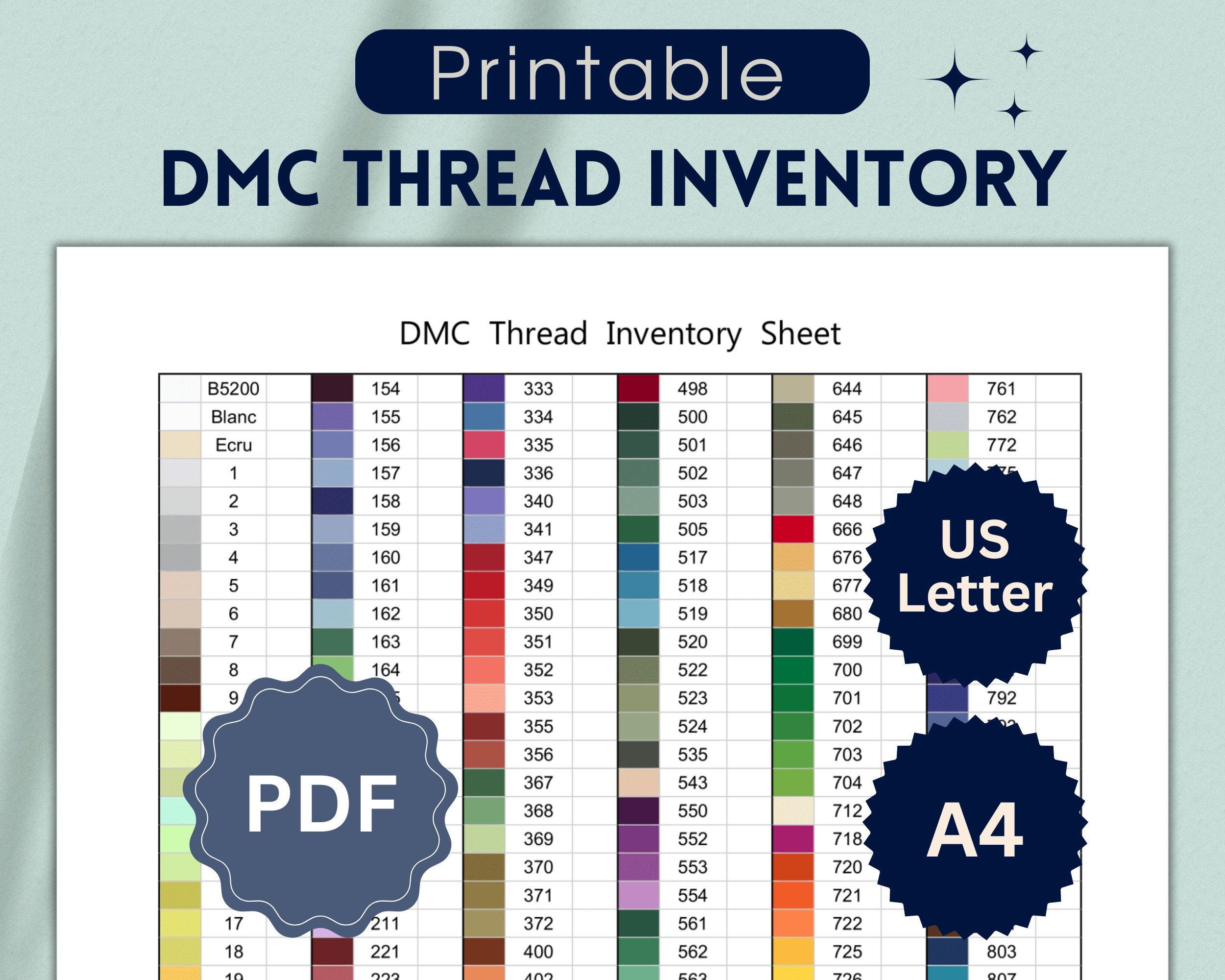 DMC Thread Inventory Sheet PDF Printable Cross stitch Floss Tracker DMC Color Chart Letter U0026 A4 Embroidery Floss List Etsy
