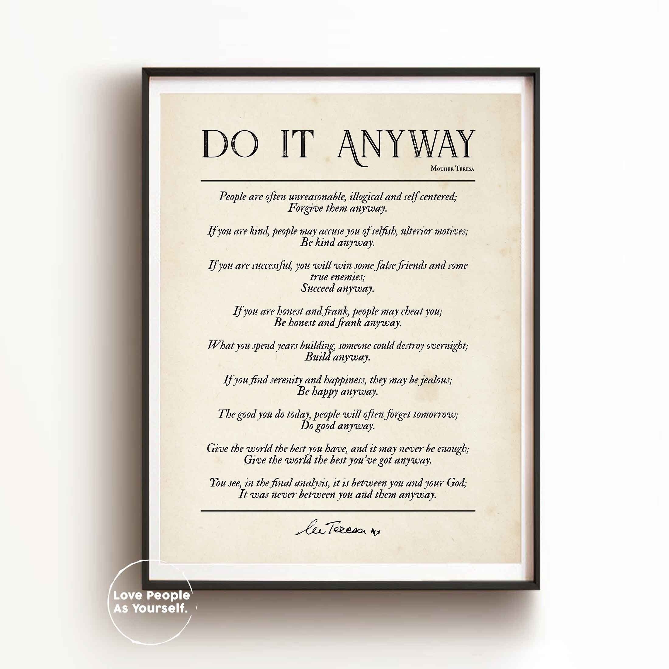 Do It Anyway Poem Mother Teresa Quote Print Be Kind Anyway 