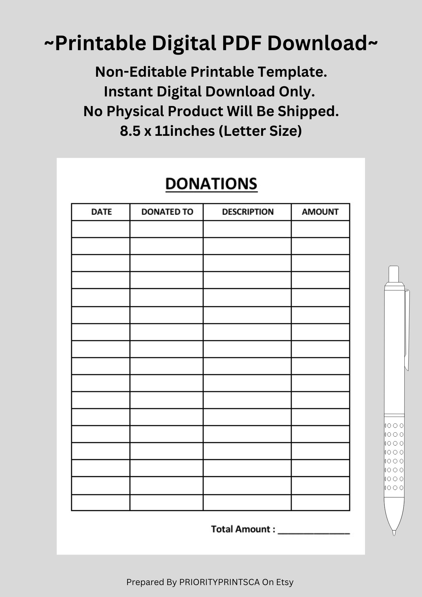 Donation Tracker Printable US Letter Size digital Download Etsy