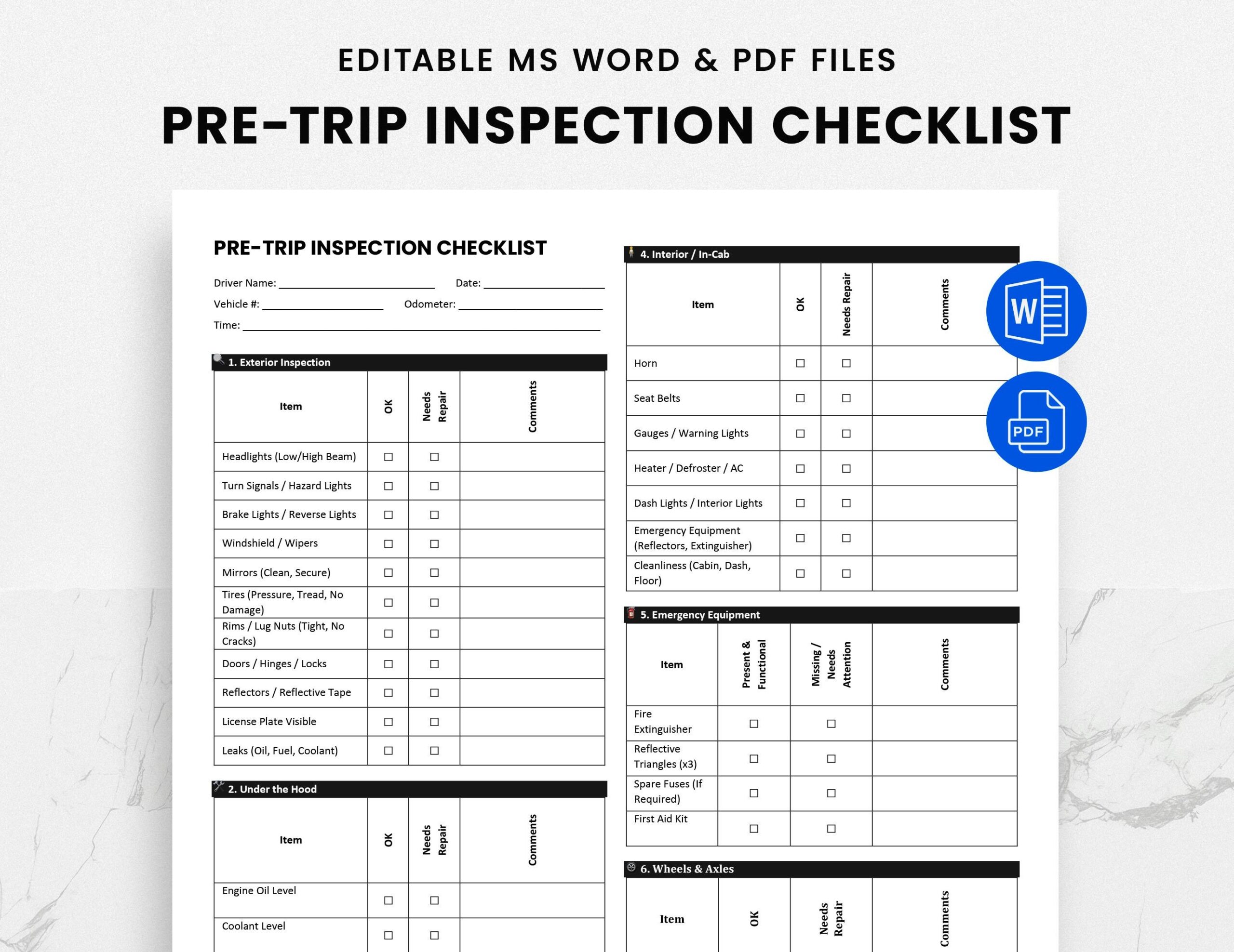 free printable dot pre trip inspection form