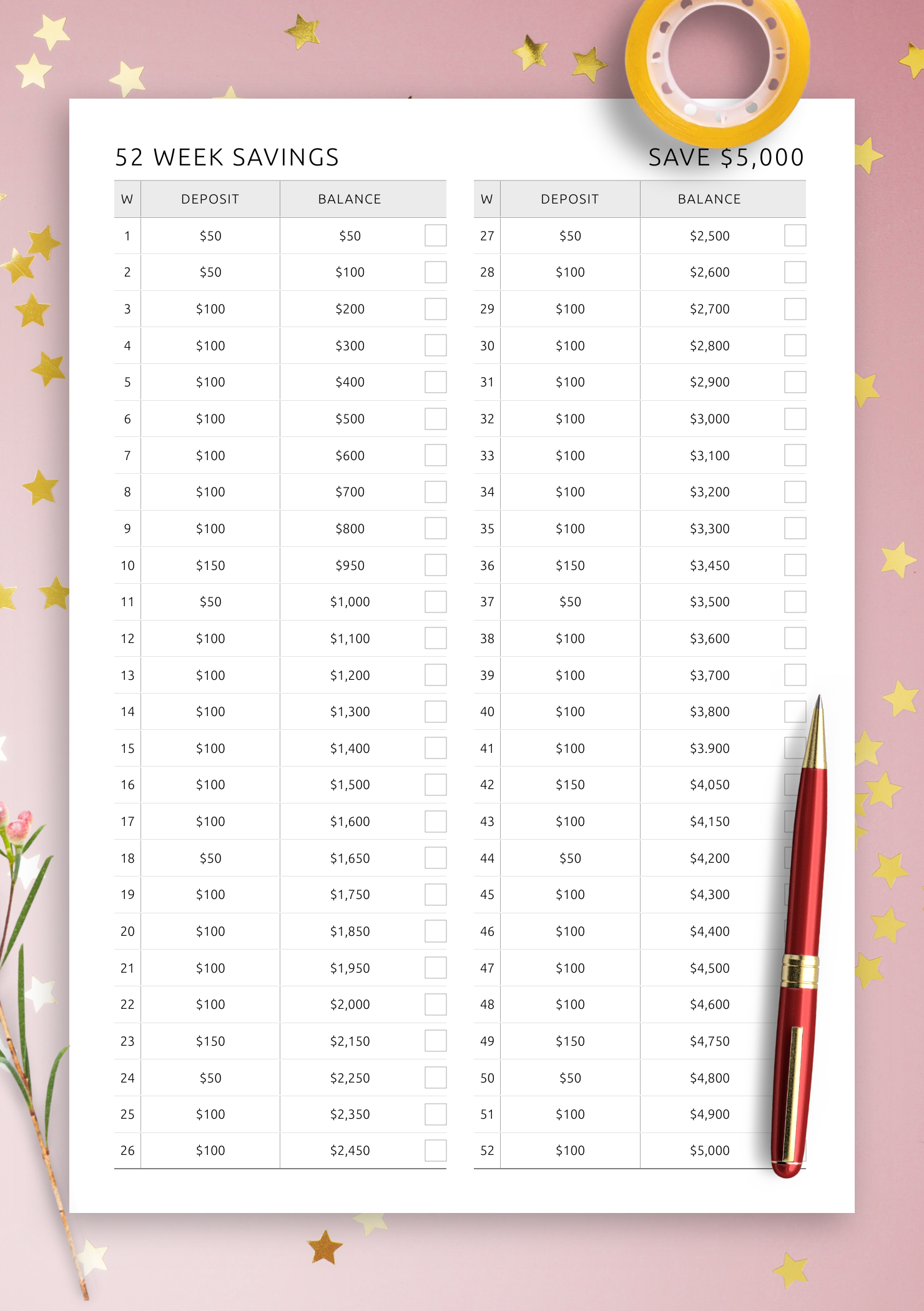 Download 52 Week Savings Template Printable Or Digital PDF For 